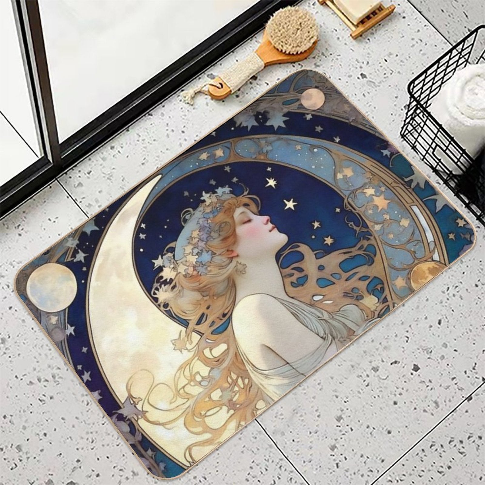Celestial Dreams Alphonse Mucha Inspired Moon And Stars  Non-Slip Bath Mat