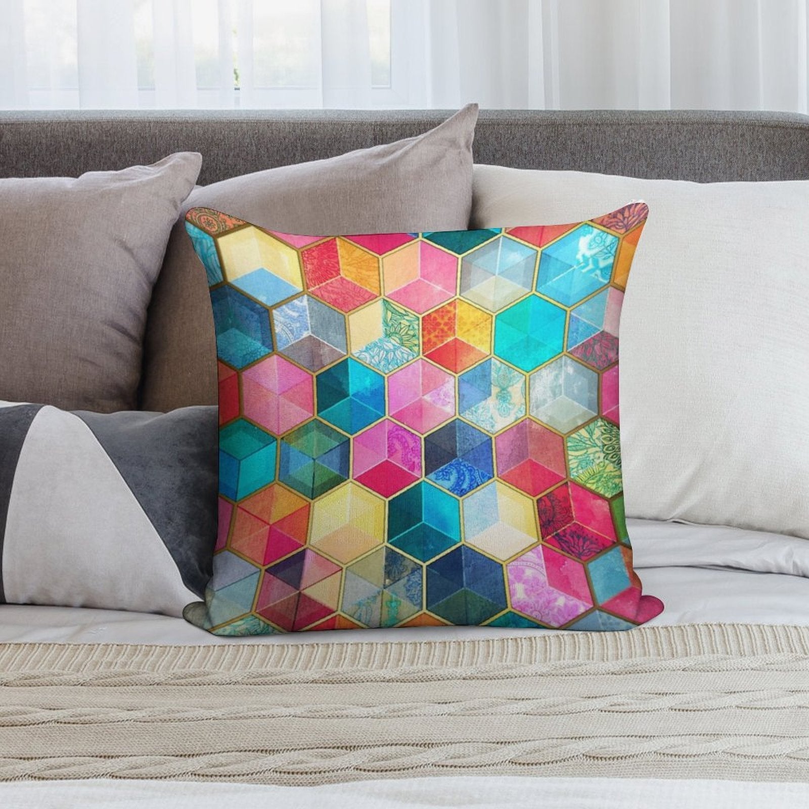 Crystal Bohemian Honeycomb Cubes - Colorful Hexagon Pattern Soft Anti-Pilling Throw Pillow