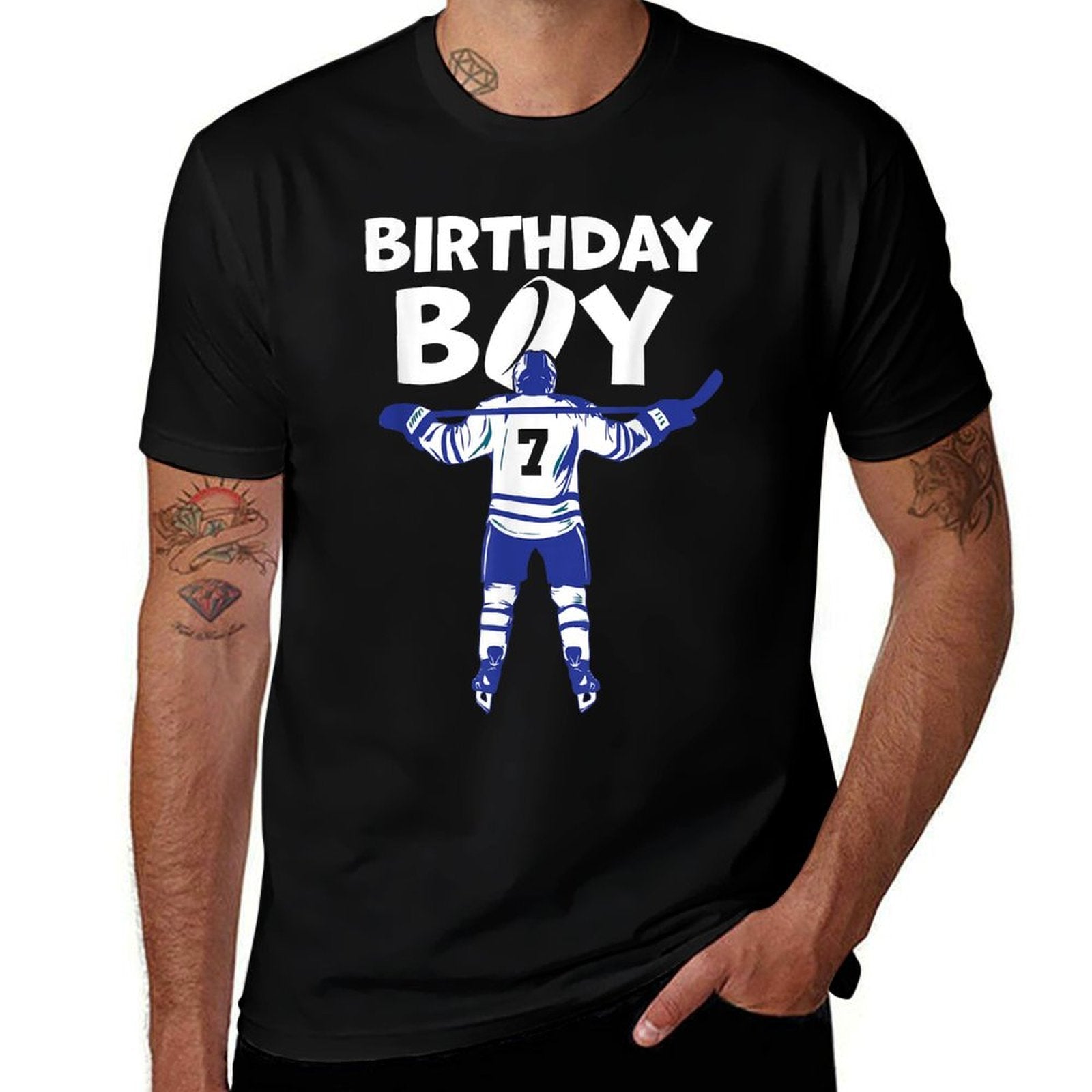 7th Birthday Ice Hockey Boy 7 Year Old Hockey Player  Ribbed Collar T-Shirt