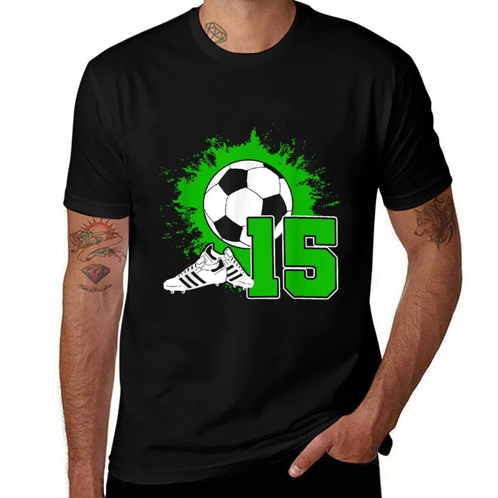 Kids Soccer Birthday Party 15 Year Old Boy 15th Birthday  Ribbed Collar T-Shirt