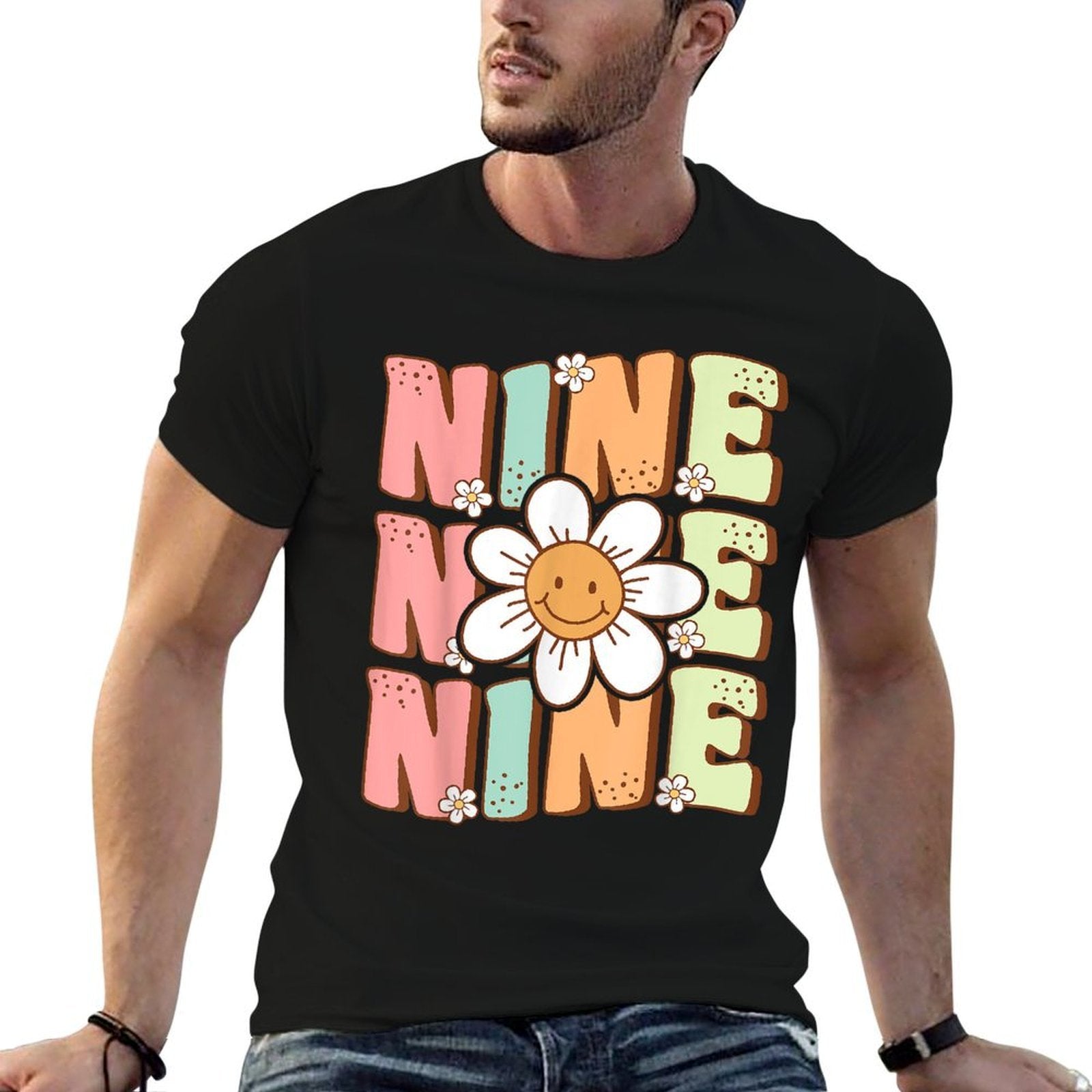 Cute Groovy 9th Birthday Party Daisy Flower Nine Year Old  Graphic-printed T-Shirt