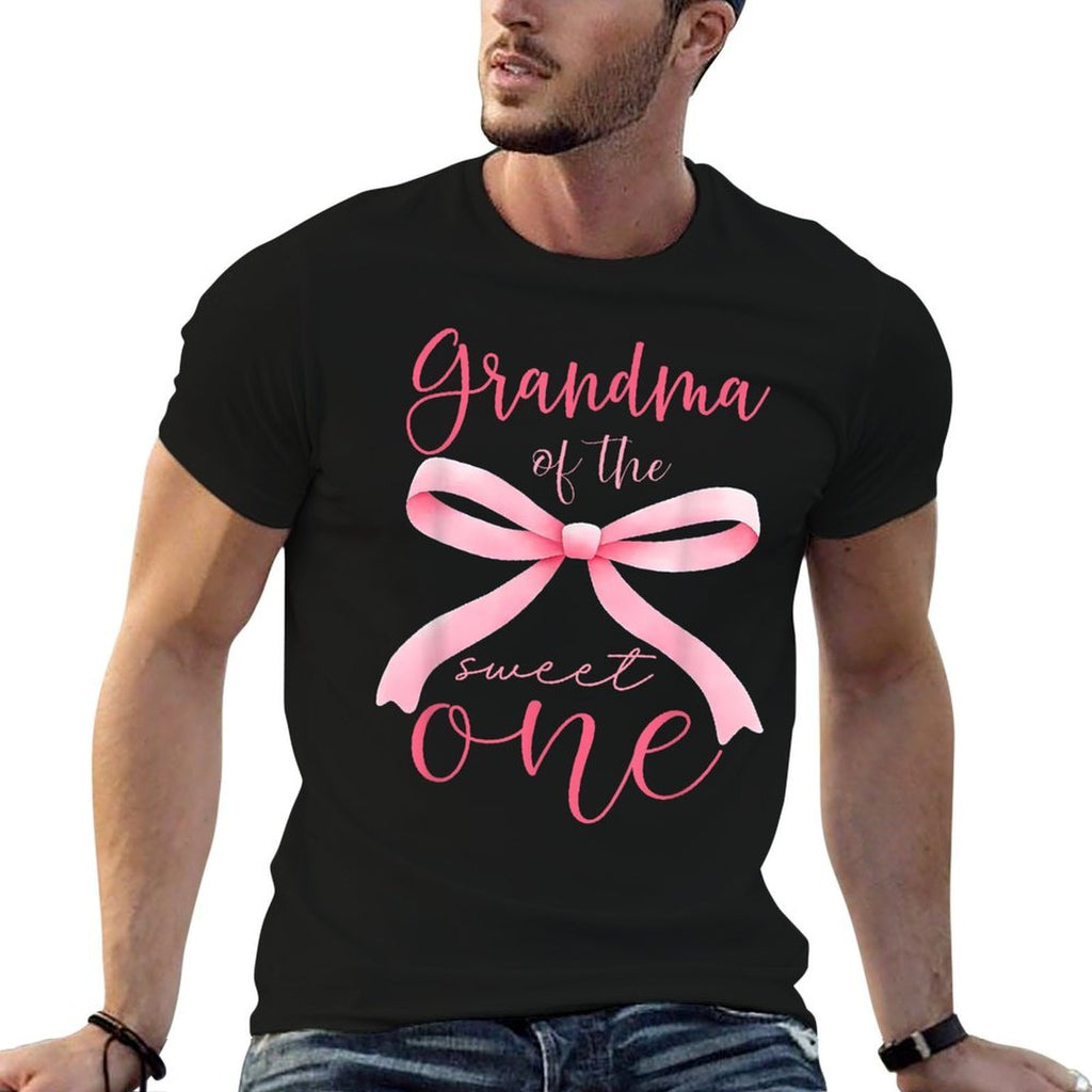 Grandma Of The Sweet One 1st Birthday Girl Coquette Pink Bow  Fade-proof Color T-Shirt