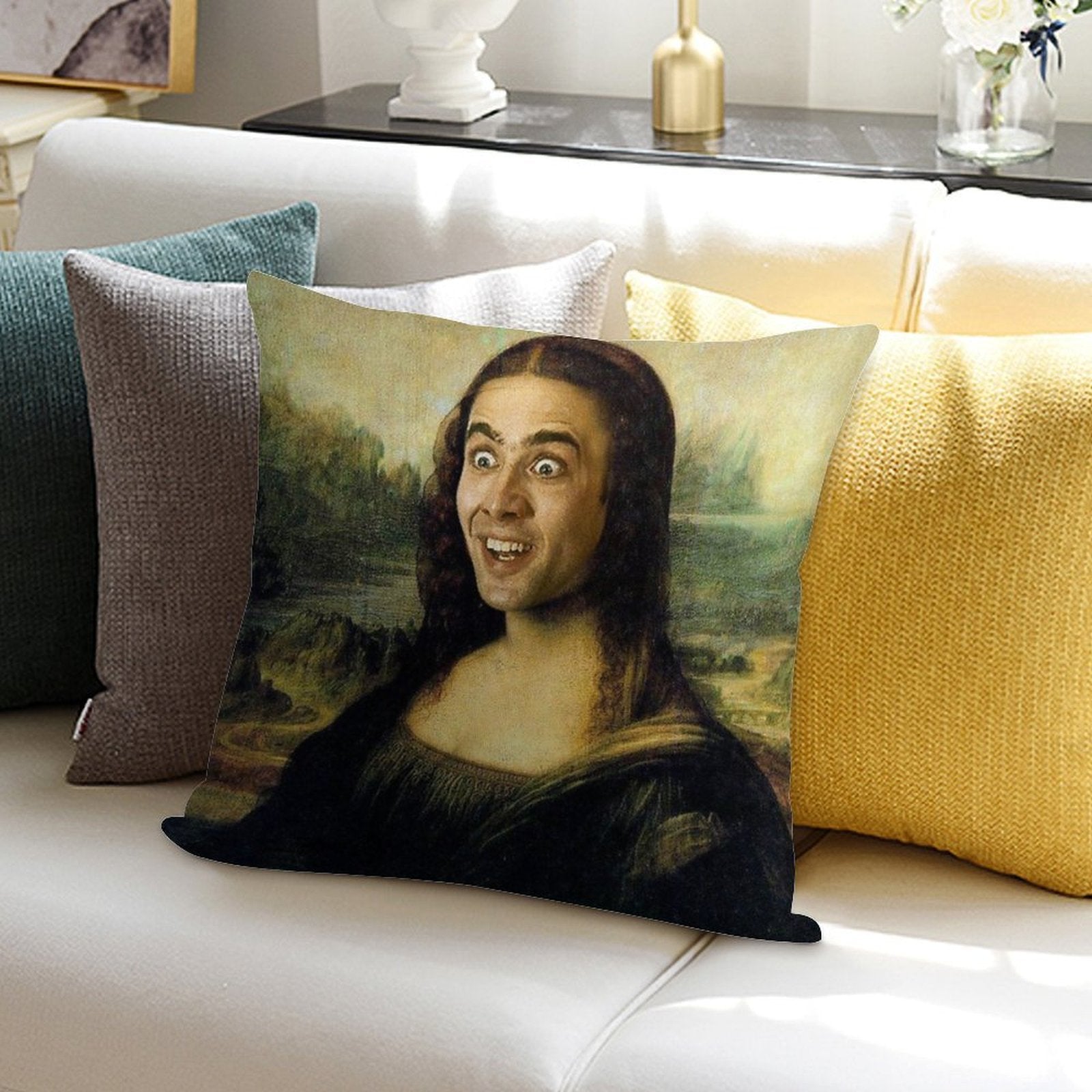 Nicolas Cage As The Mona Lisa Soft Home Decor Throw Pillow