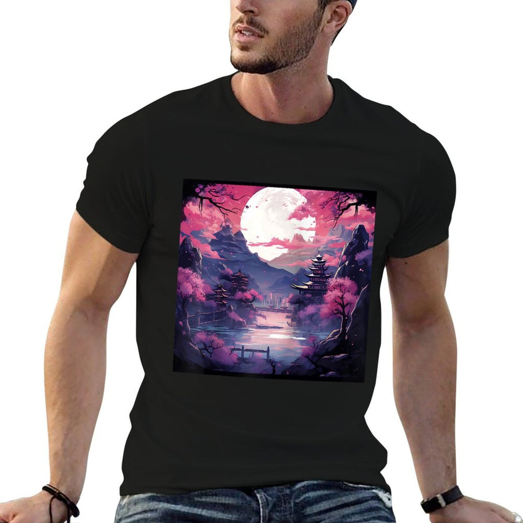 Eternal Twilight Japanese Castle & Sakura Anime Raglan Baseball  Easy-care T-Shirt