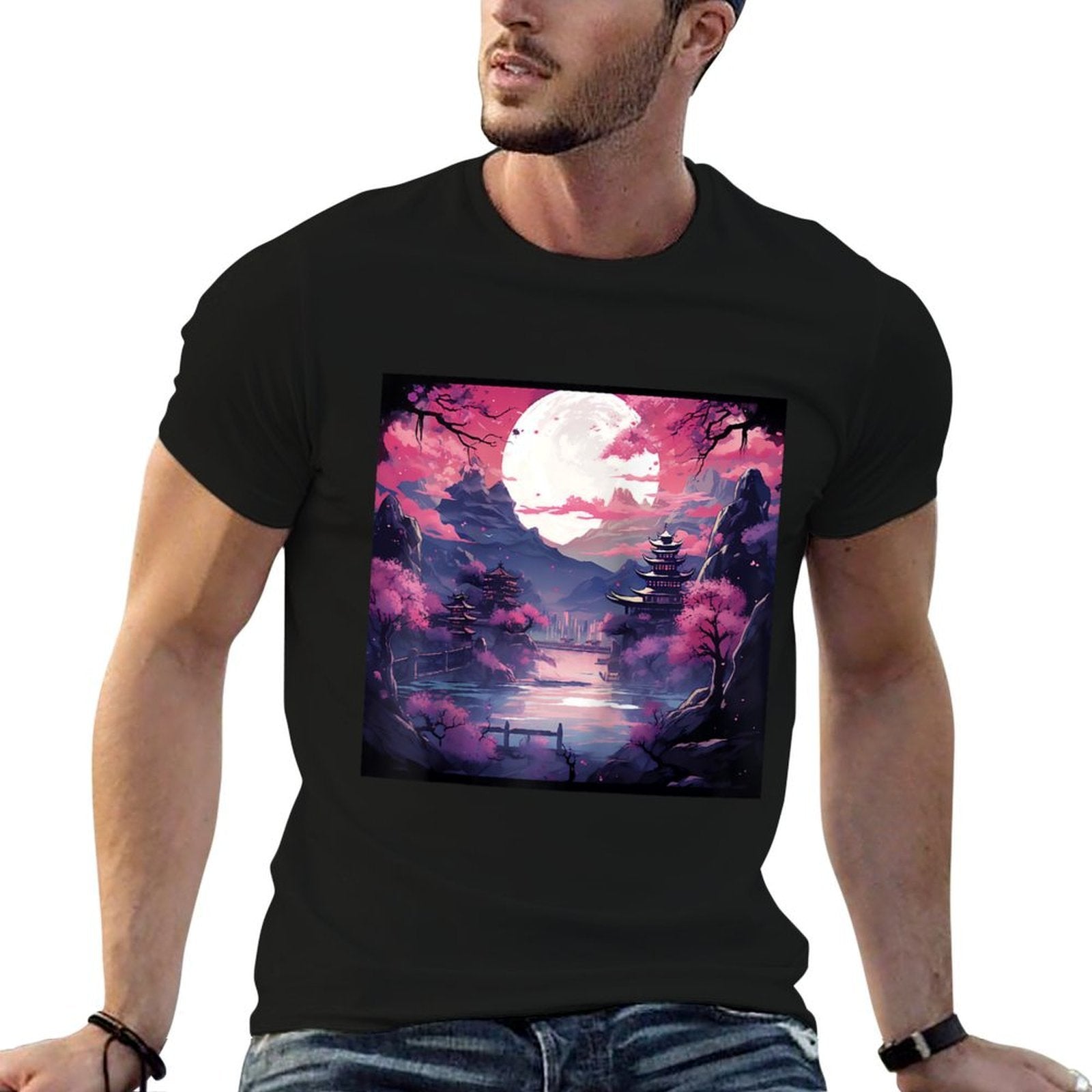 Eternal Twilight Japanese Castle & Sakura Anime Raglan Baseball  Easy-care T-Shirt