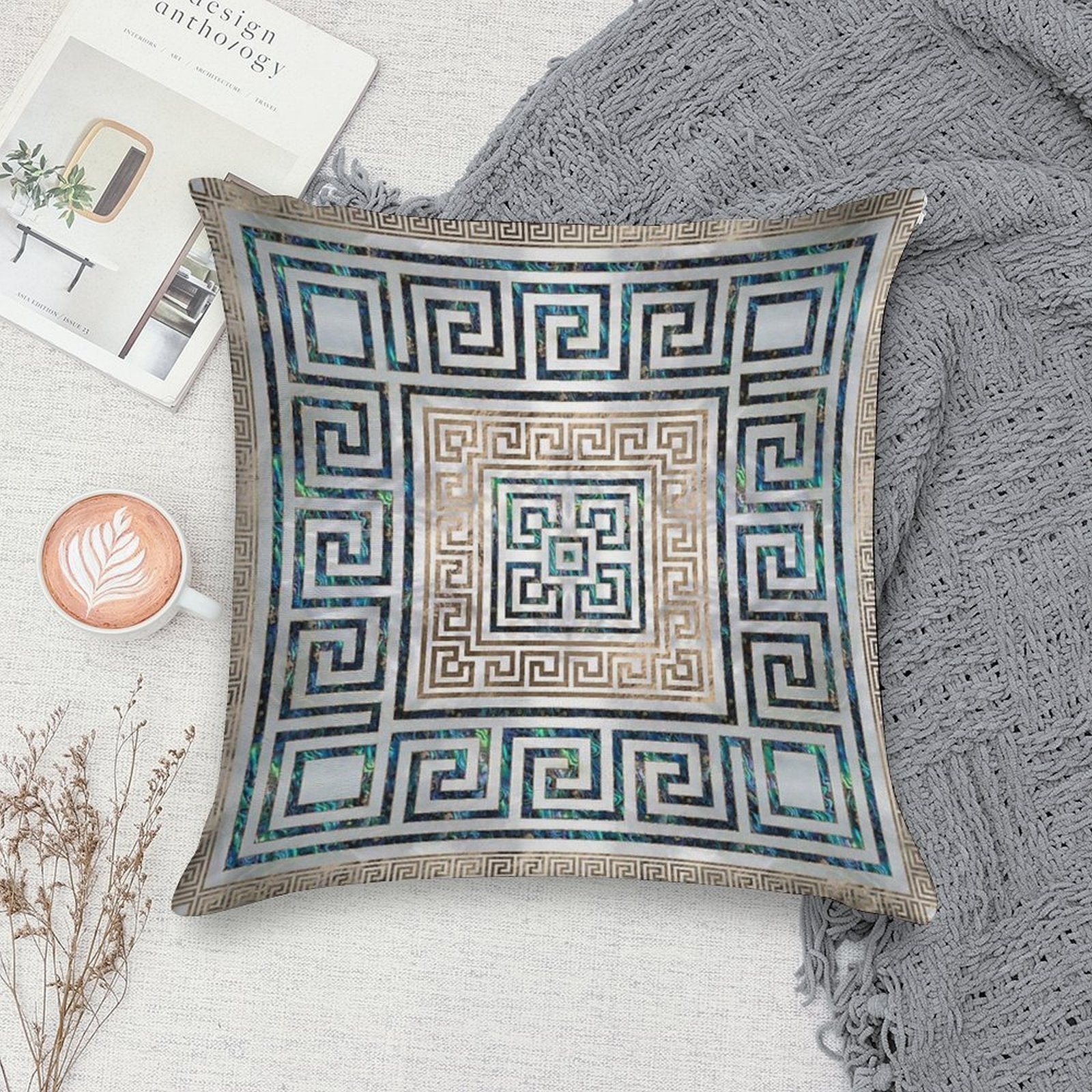 Greek Key Ornament - Greek Meander -Abalone And Gold Soft Ultra-Soft Texture Throw Pillow