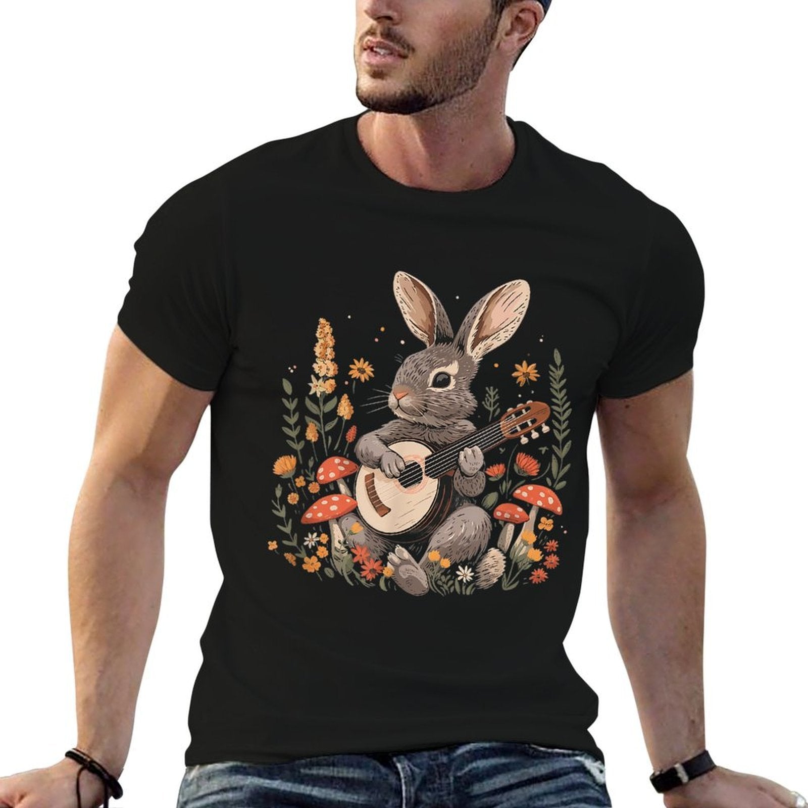Cottagecore Aesthetic Cute Rabbit Playing Banjo  Fade-proof Color T-Shirt
