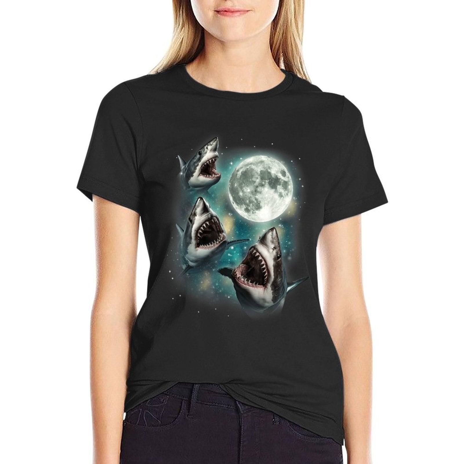 Three Shark Moon  3 Great Whites Howling Wolfs Moon Parody  Ribbed Collar T-Shirt