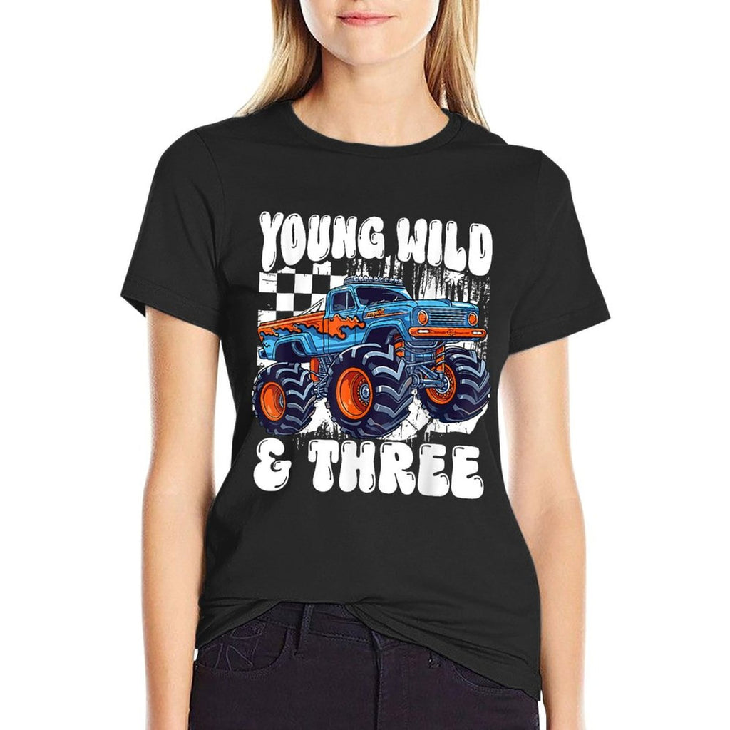 3rd Birthday Monster Truck Young Wild And Three 3 Year Old  Cotton T-Shirt