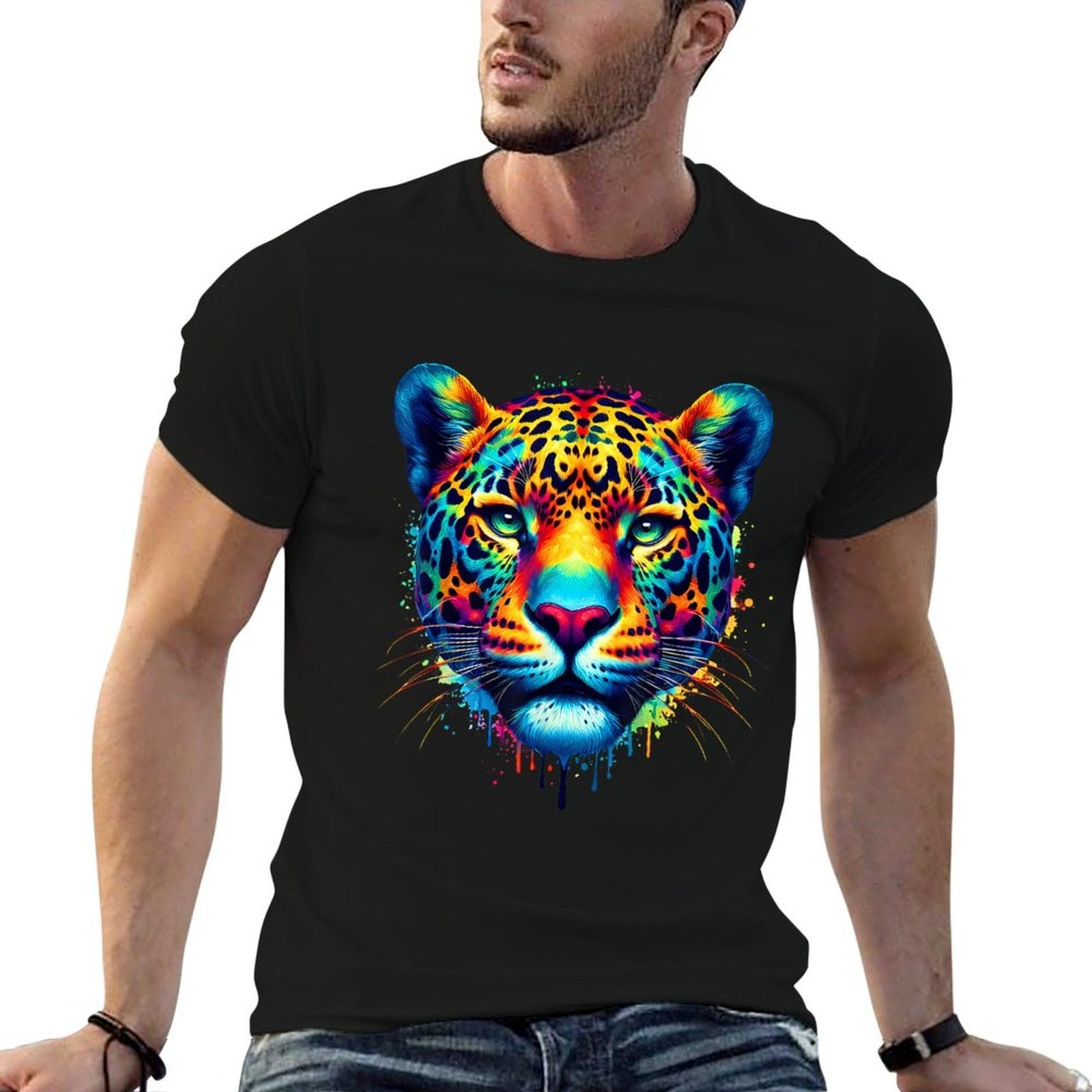 Cool Jaguar Graphic Spirit Animal Illustration Tie Dye Art  Stretchy T-Shirt