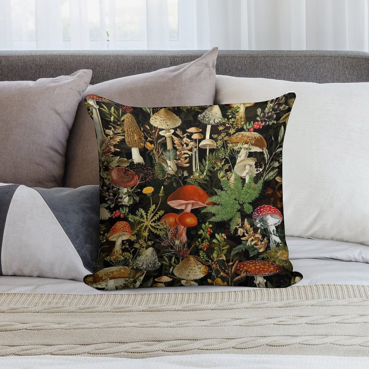Vintage Midnight Mushrooms Forest Botanical Night Garden Pattern - Black Colorful Nightgarden Soft Luxury Feel Throw Pillow