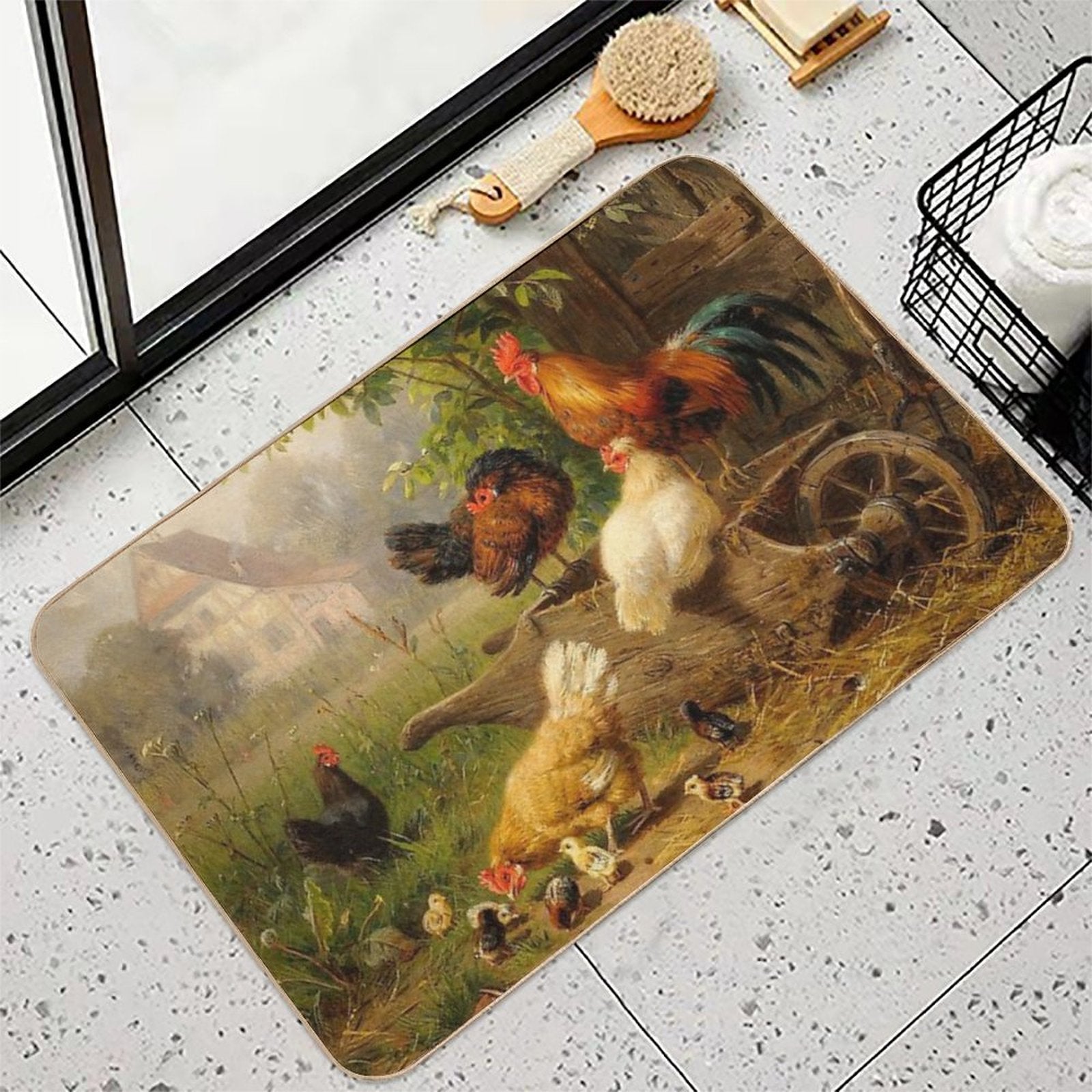 A Watchful Eye ,Rooster,Hens And Chickens With Wheelbarrow in Countryside  Pet-Safe Bath Mat