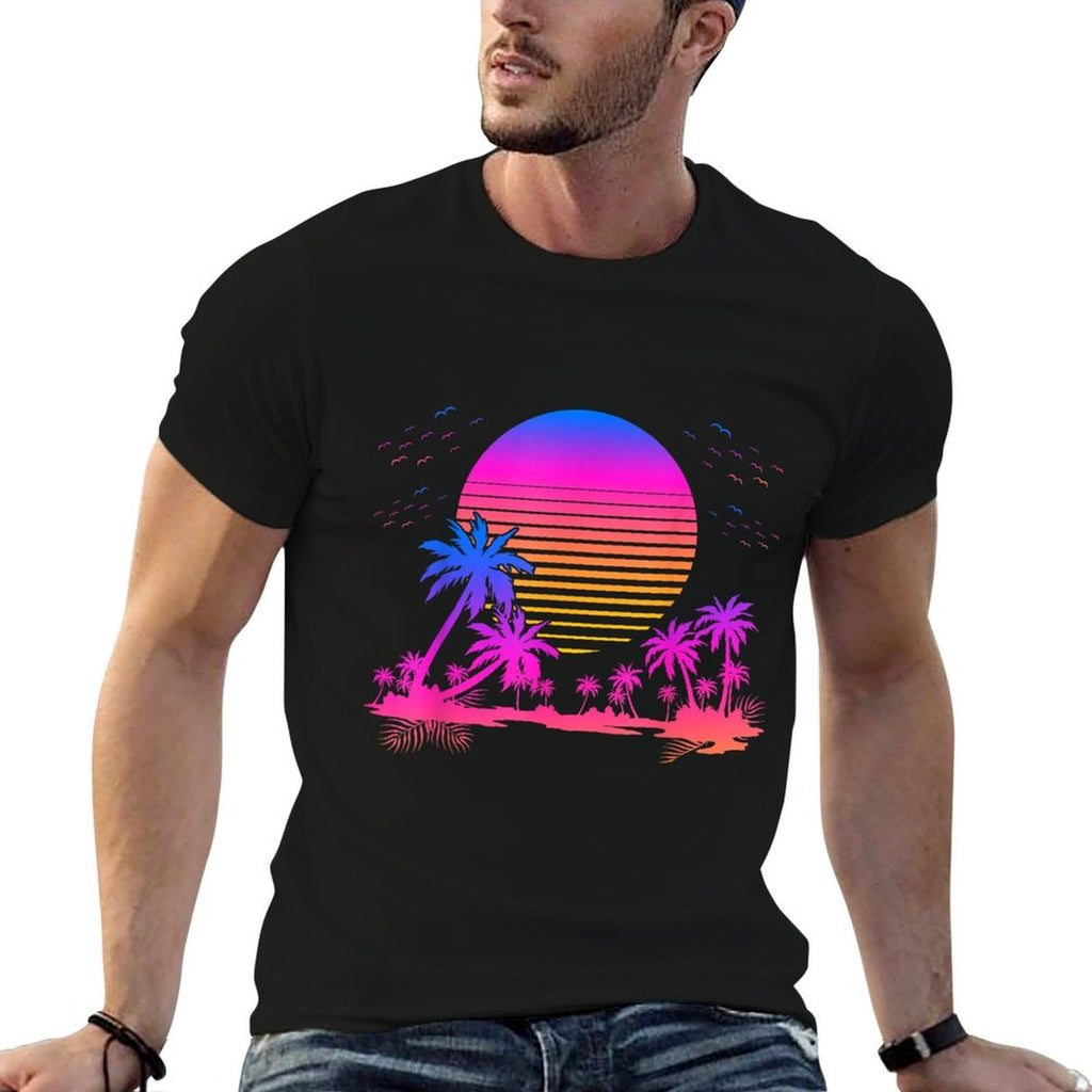 Sunset Palm Trees Retro 80s Aesthetic 90s Art Vaporwave  Summer-ready Fabric T-Shirt