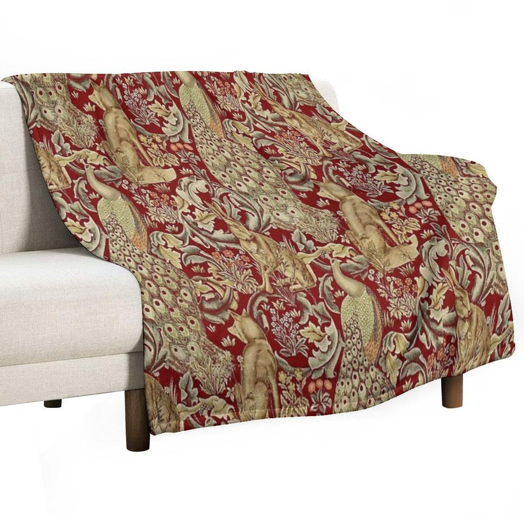 FOREST ANIMALS,PEACOCKS,FOX AND HARE IN RED LEAVES FLORAL PATTERN Machine-washable Throw Blanket