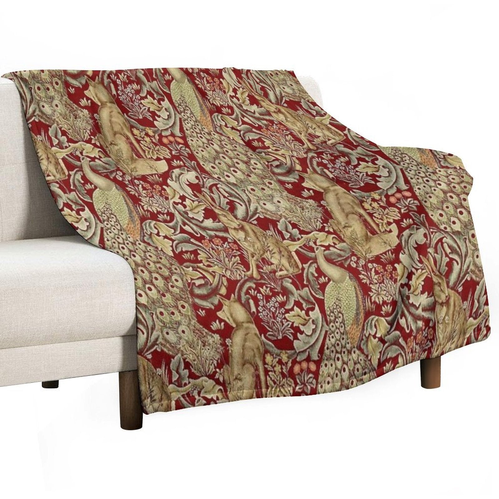 FOREST ANIMALS,PEACOCKS,FOX AND HARE IN RED LEAVES FLORAL PATTERN Machine-washable Throw Blanket