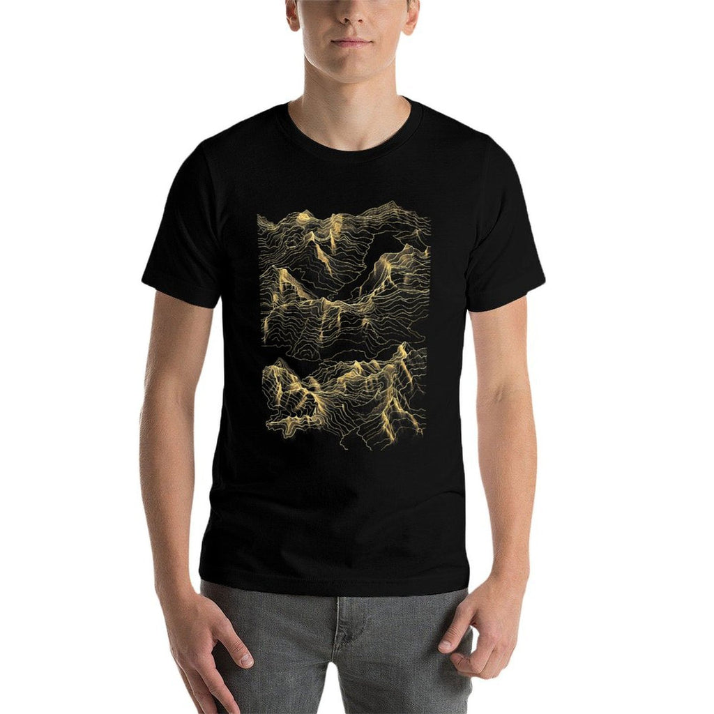Mountain Range Abstract Art Minimalist Gold Lines - Unisex-Adults, Black, Small,, Topographic Map,  High-quality Stitching T-Shirt