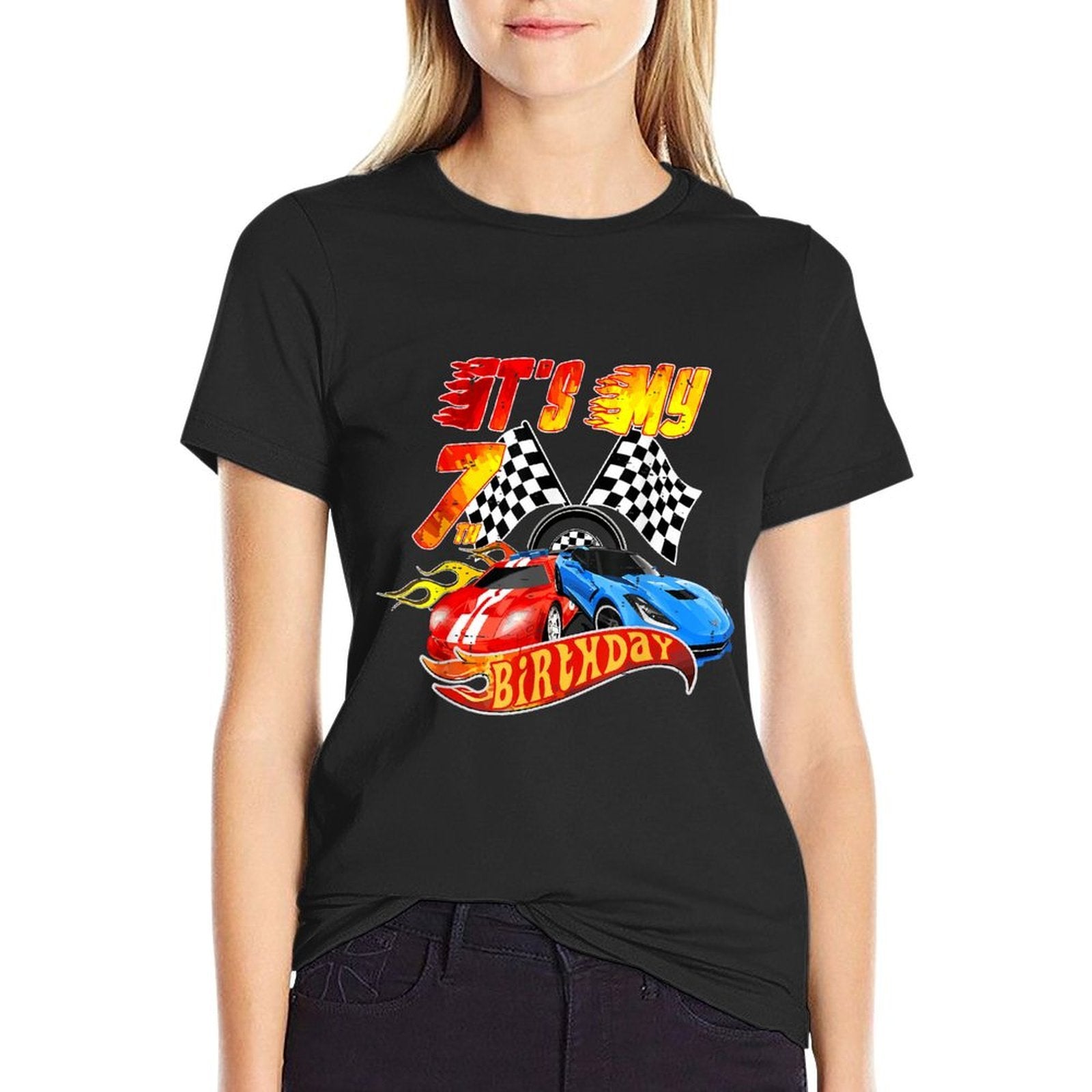 It's My 7th Birthday Kid 7 Year Old Race Car Birthday Racing  Ribbed Collar T-Shirt
