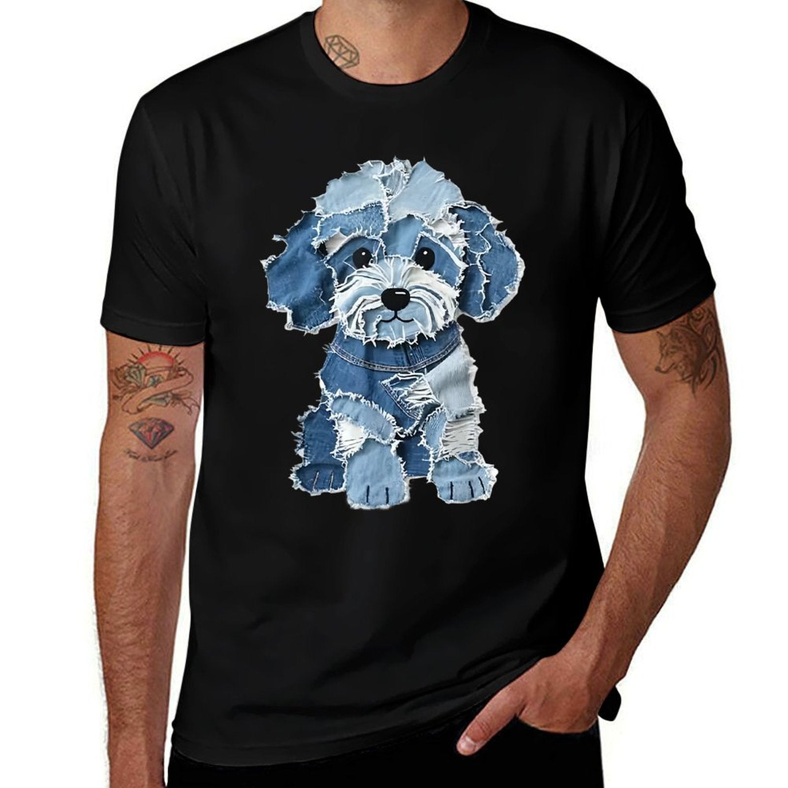 Retro Funny Denim Patch Animal Dog Print  Summer-ready Fabric T-Shirt