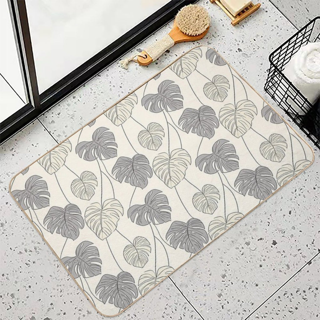 Tropical Monstera Leaves with Thin Black Outlines  Non-Slip Bath Mat