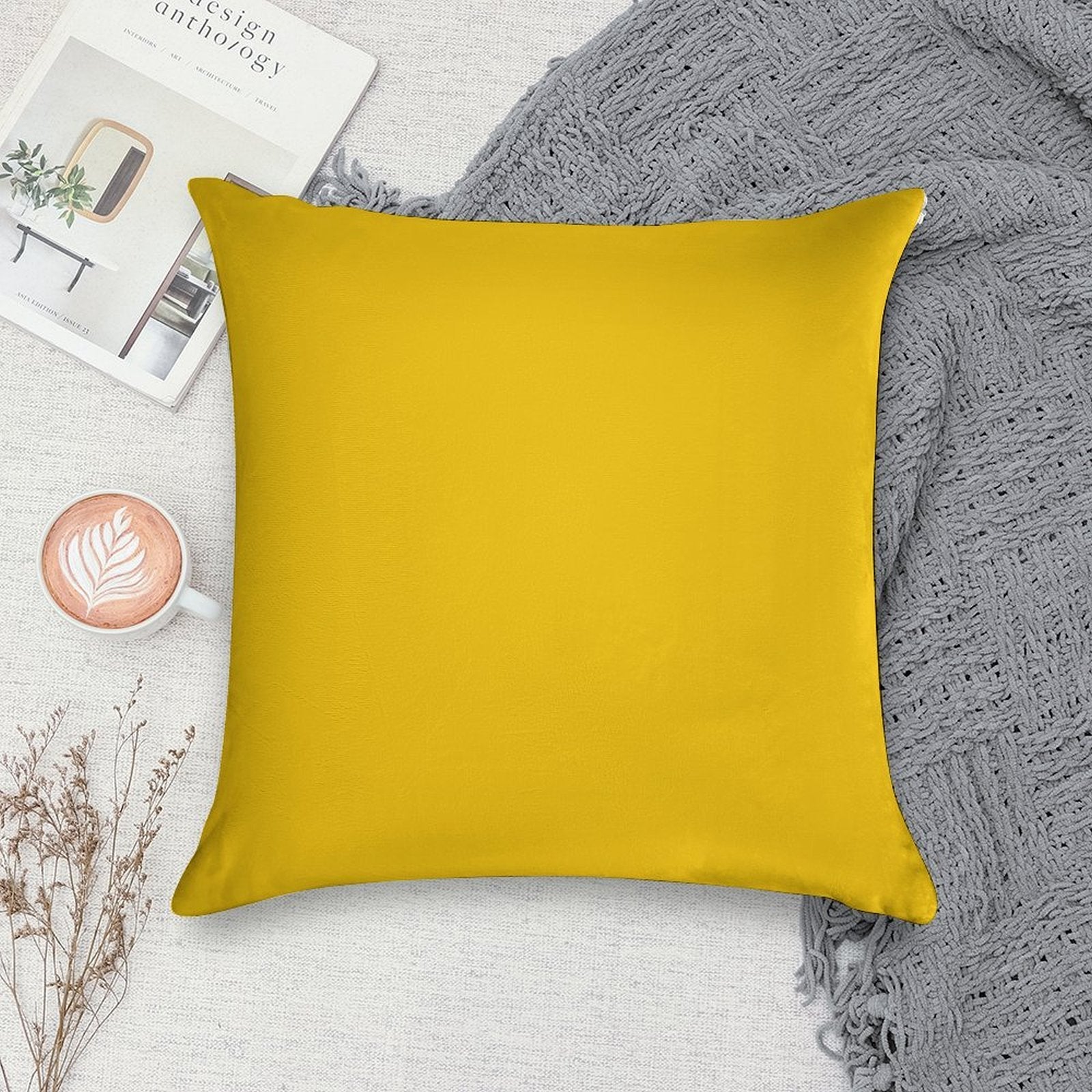 Solid Plain Mid Yellow Soft Short Plush Fabric Throw Pillow
