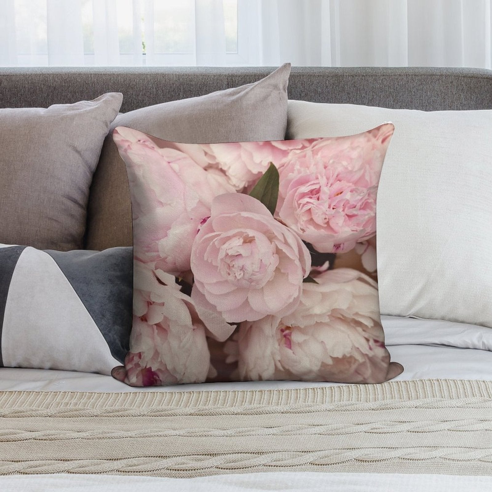 Pink Peony Flowers Soft Hidden Zipper Throw Pillow