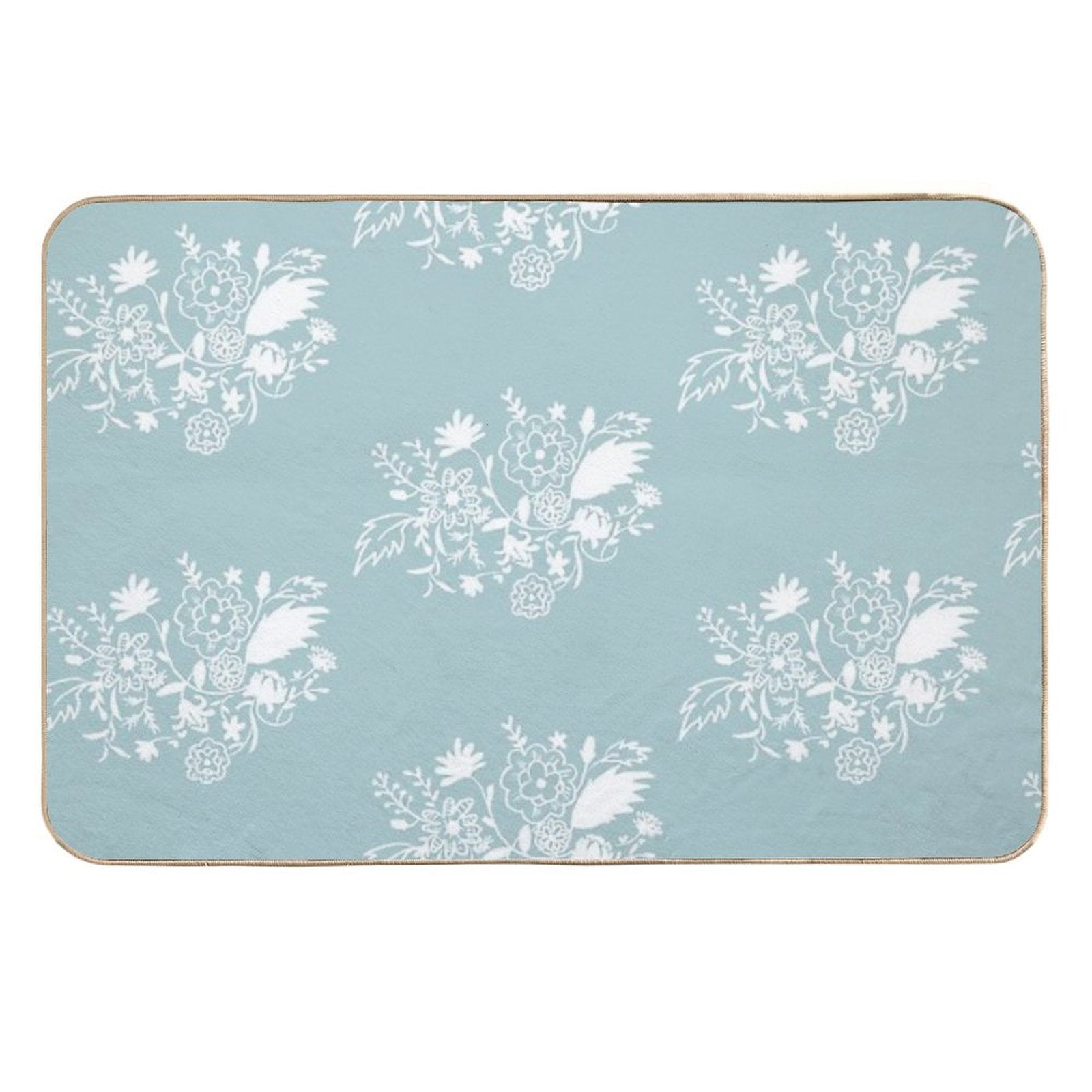 White Abstract Floral Patterns with Sky Blue Background  Toxin-Free Bath Mat