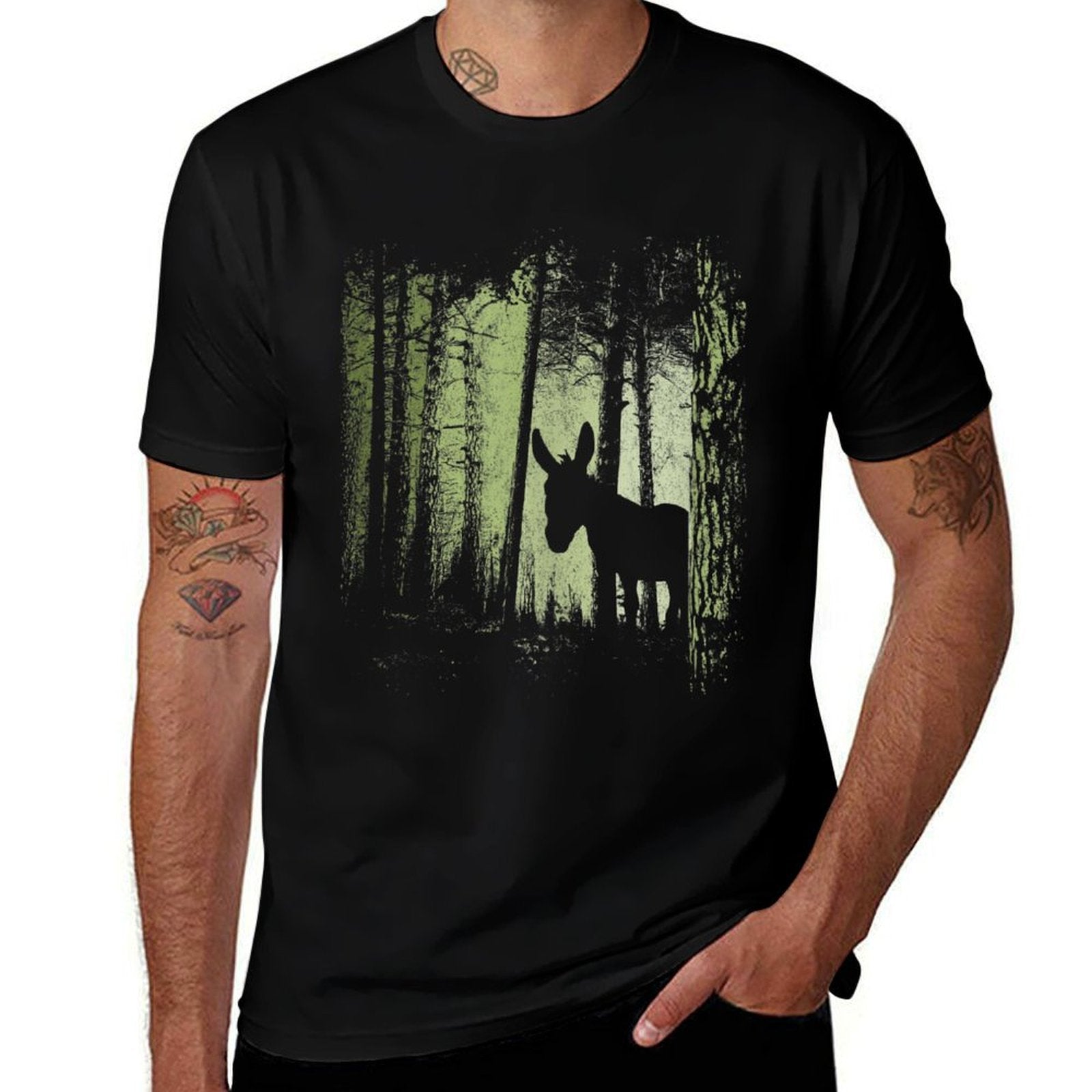 Twilight Forest Wildlife Donkey Mule Silhouette  Rolled Sleeves T-Shirt