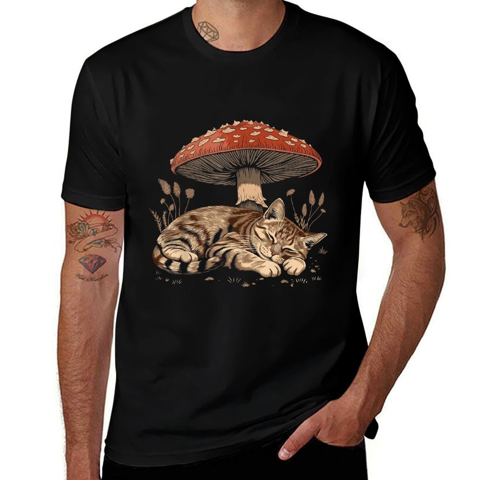 Cute Tabby Cat Gray Cat Cottagecore Aesthetic Mushroom  Rolled Sleeves T-Shirt