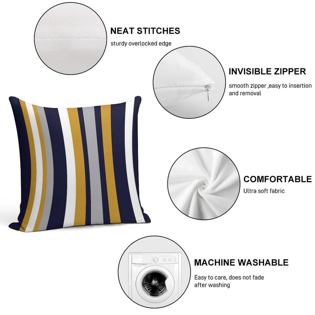 Modern Stripes Vertical Pattern in Honey Mustard Yellow, Dark Navy Blue, Gray, And White. Minimalist Color Block Soft Short Plush Fabric Throw Pillow