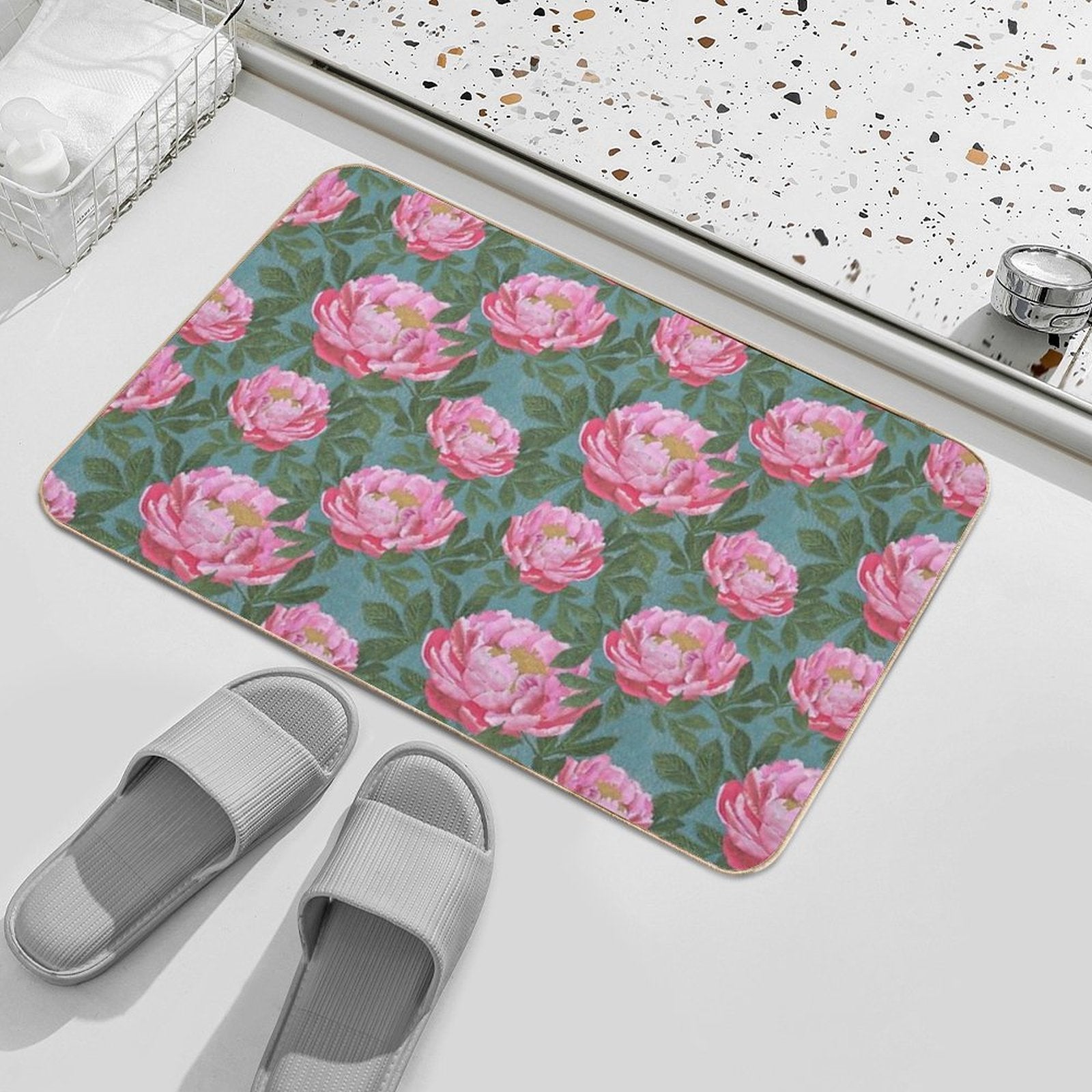Peony on Teal  Easy To Clean Bath Mat