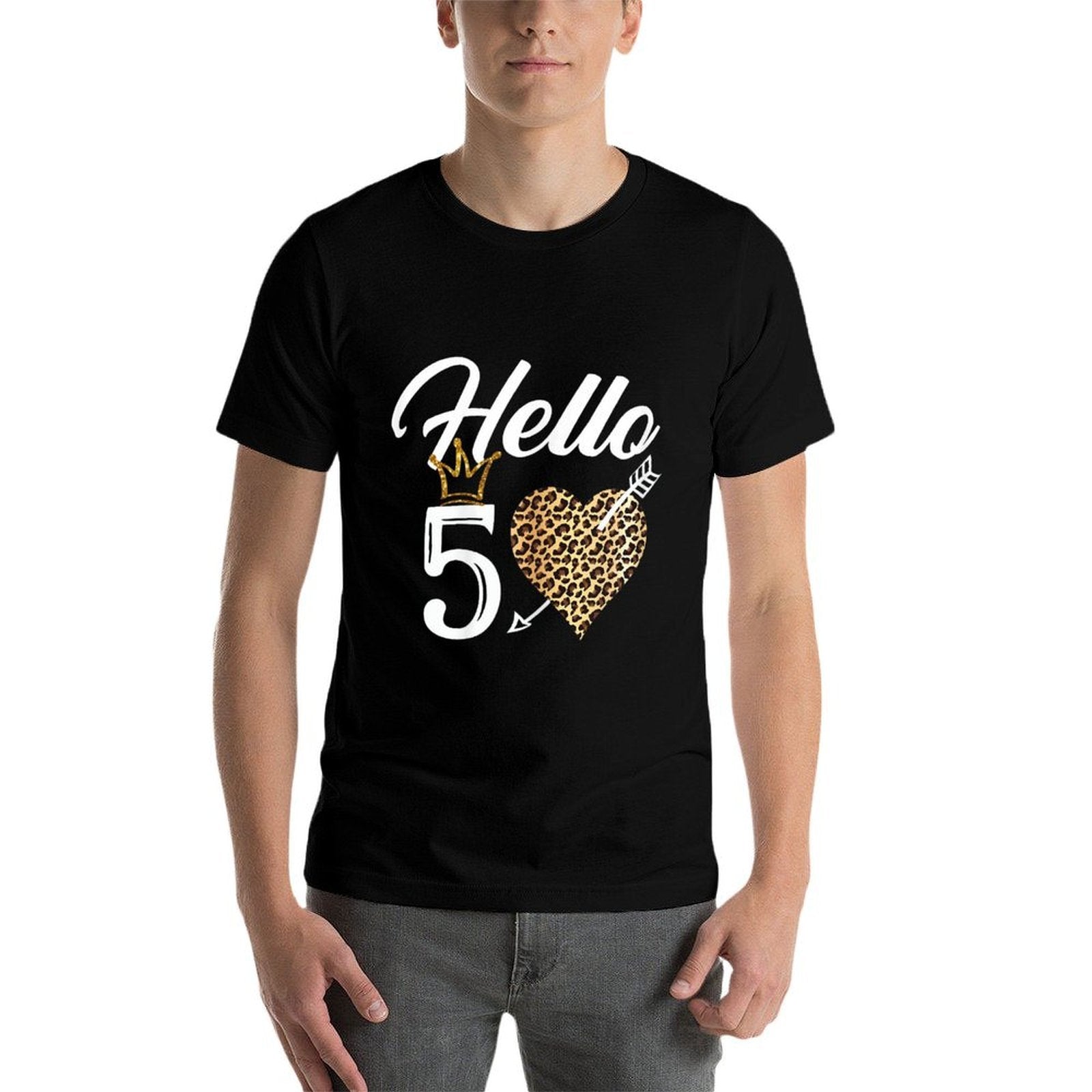 50th Birthday Shirt Hello 50 with Leopard  Fade-proof Color T-Shirt