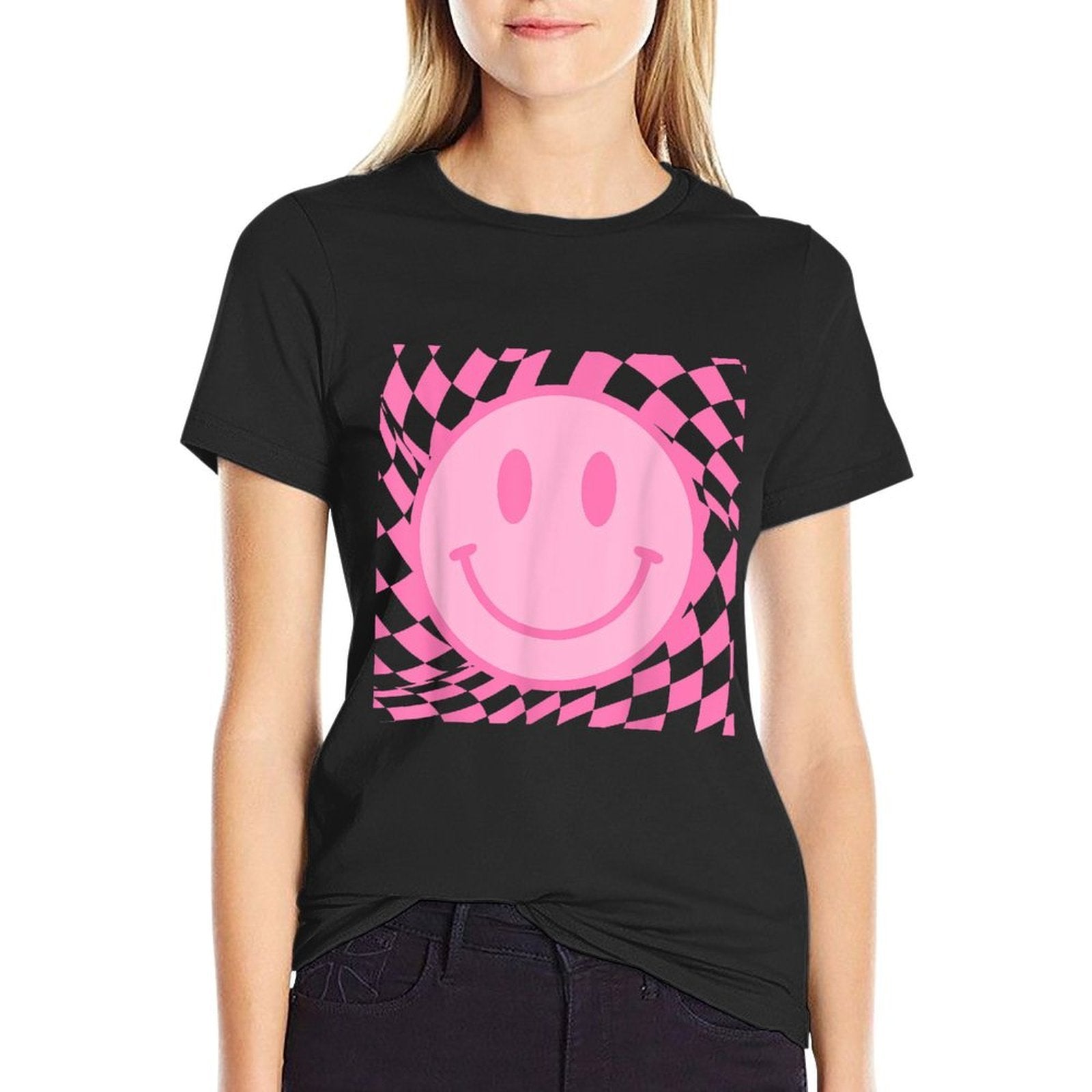 Retro Happy Smile Face Smiling Checkered Pattern Pink Trendy  Polyester Blend T-Shirt