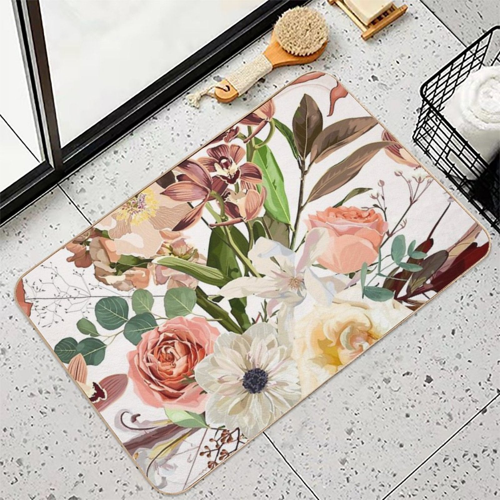 Detailed Hand Drawn Flowers - Blooming Magnolia, Roses, Eucalyptus And Herbs.  Stain-Proof Bath Mat
