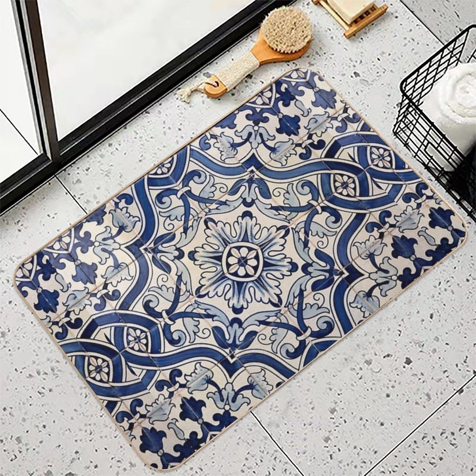 Beautiful Blue Portuguese Tile - Azulejo  Easy Maintenance Bath Mat