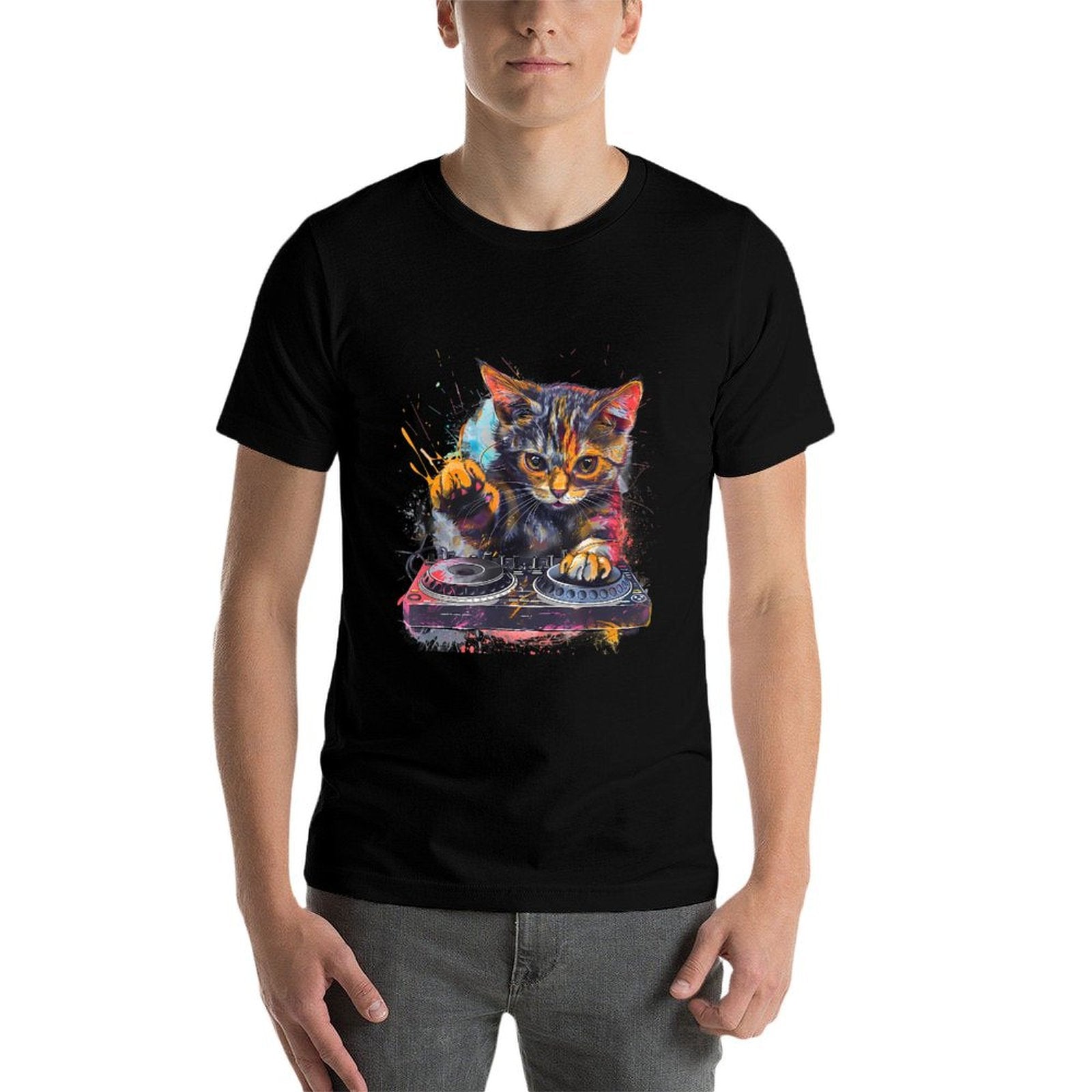 DJ Cat Turntable DJ Cat EDM Artwork House Music Beatmaker  Rolled Sleeves T-Shirt