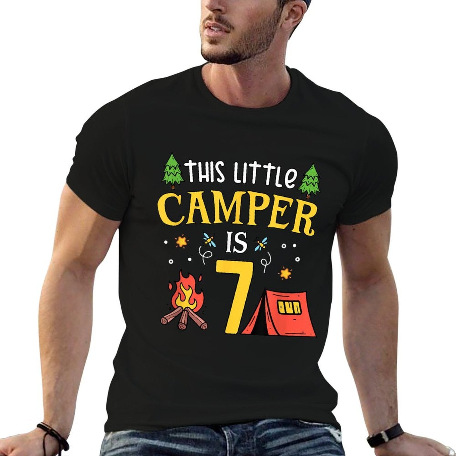 7th Birthday Little Camper Seven Years Old Camping Party  Polyester Blend T-Shirt