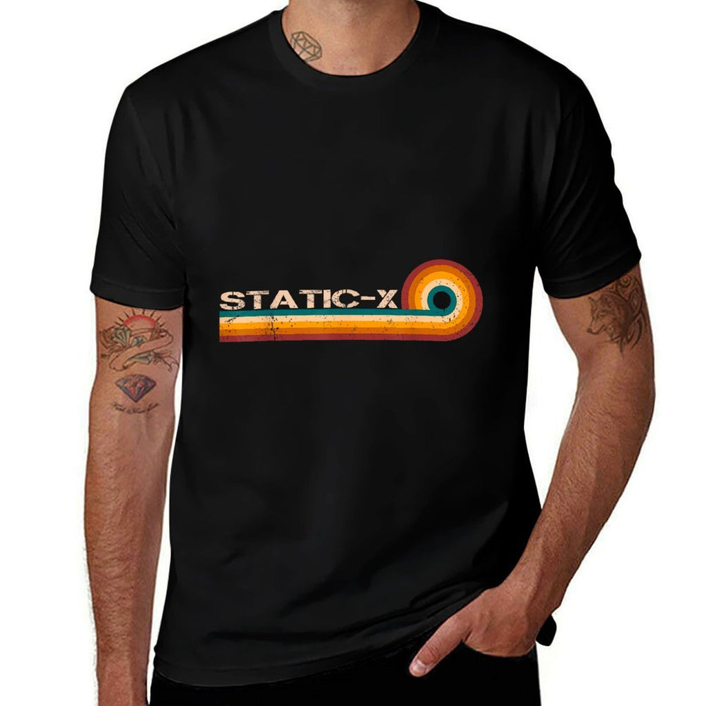 Static X Retro Stripes Musician Vintage  Ribbed Collar T-Shirt