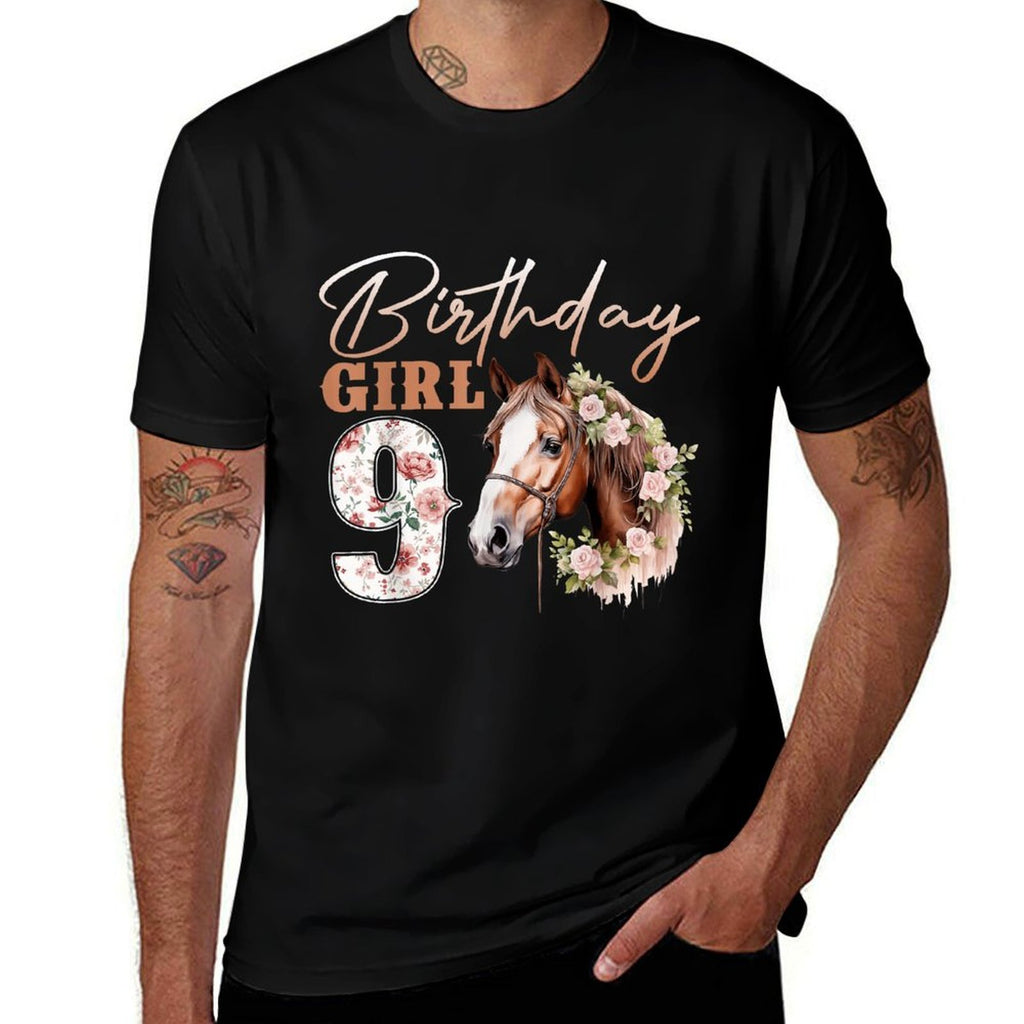 Kids Birthday 9 Years Old Girl Horse Lovers Florals 9th Bday  Affordable Price T-Shirt