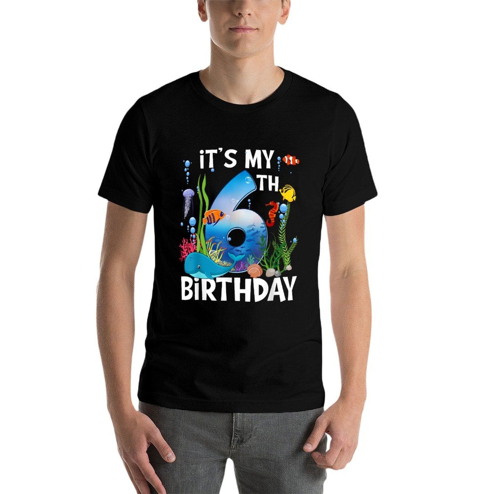 Kids 6 Year Old Ocean Life Whale Dolphin Shark 6th Birthday  Trendy Pattern T-Shirt