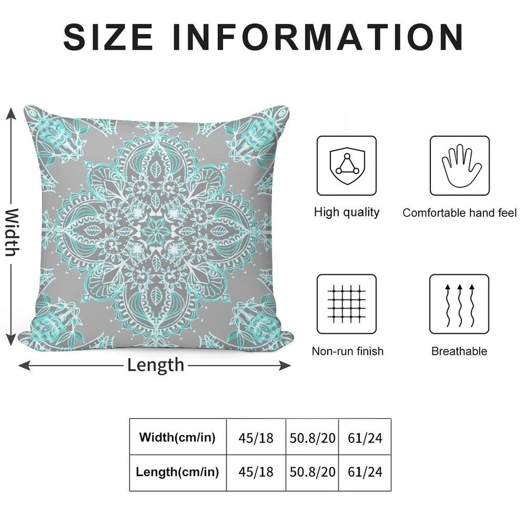Teal And Aqua Lace Mandala on Grey Soft Skin-Friendly Throw Pillow