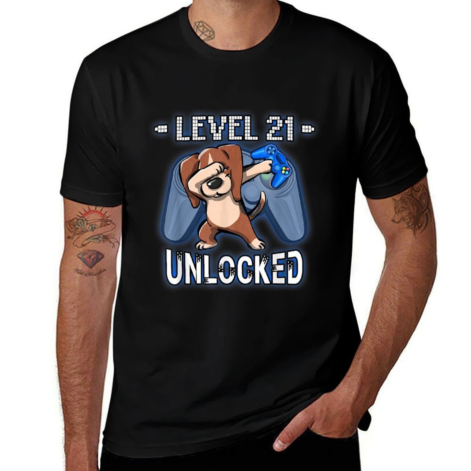 Level 21 Unlocked - Funny Dabbing Beagle Gamer 21st Birthday  Tagless Design T-Shirt