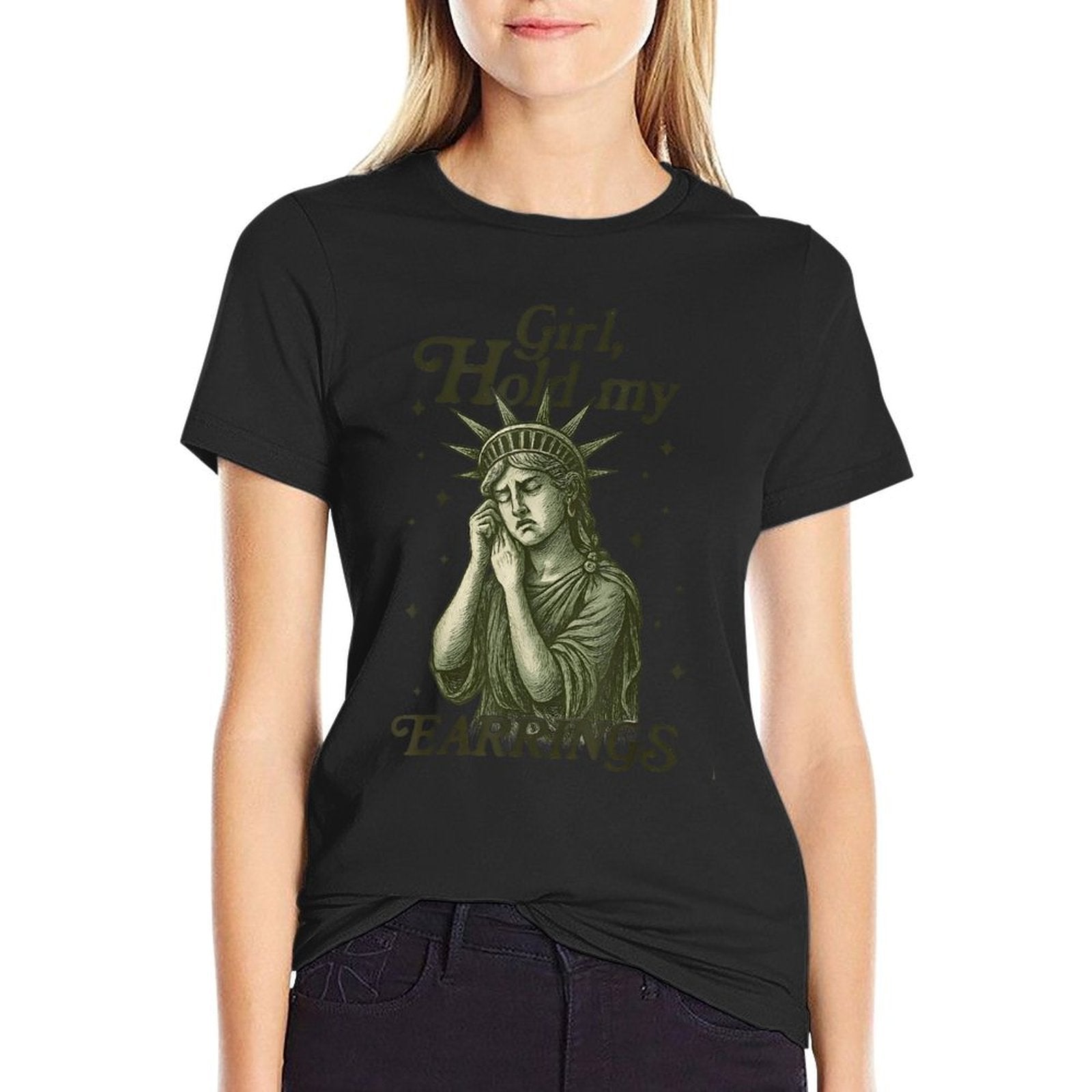 Girl Hold My Earrings Statue of Liberty Funny Meme  Breathable T-Shirt