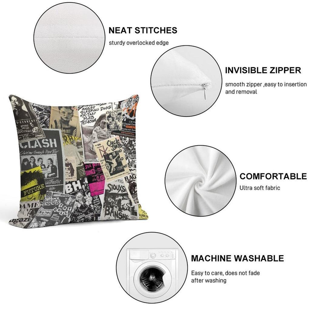 Punk Rock Music Flyers Collage Soft Anti-Pilling Throw Pillow