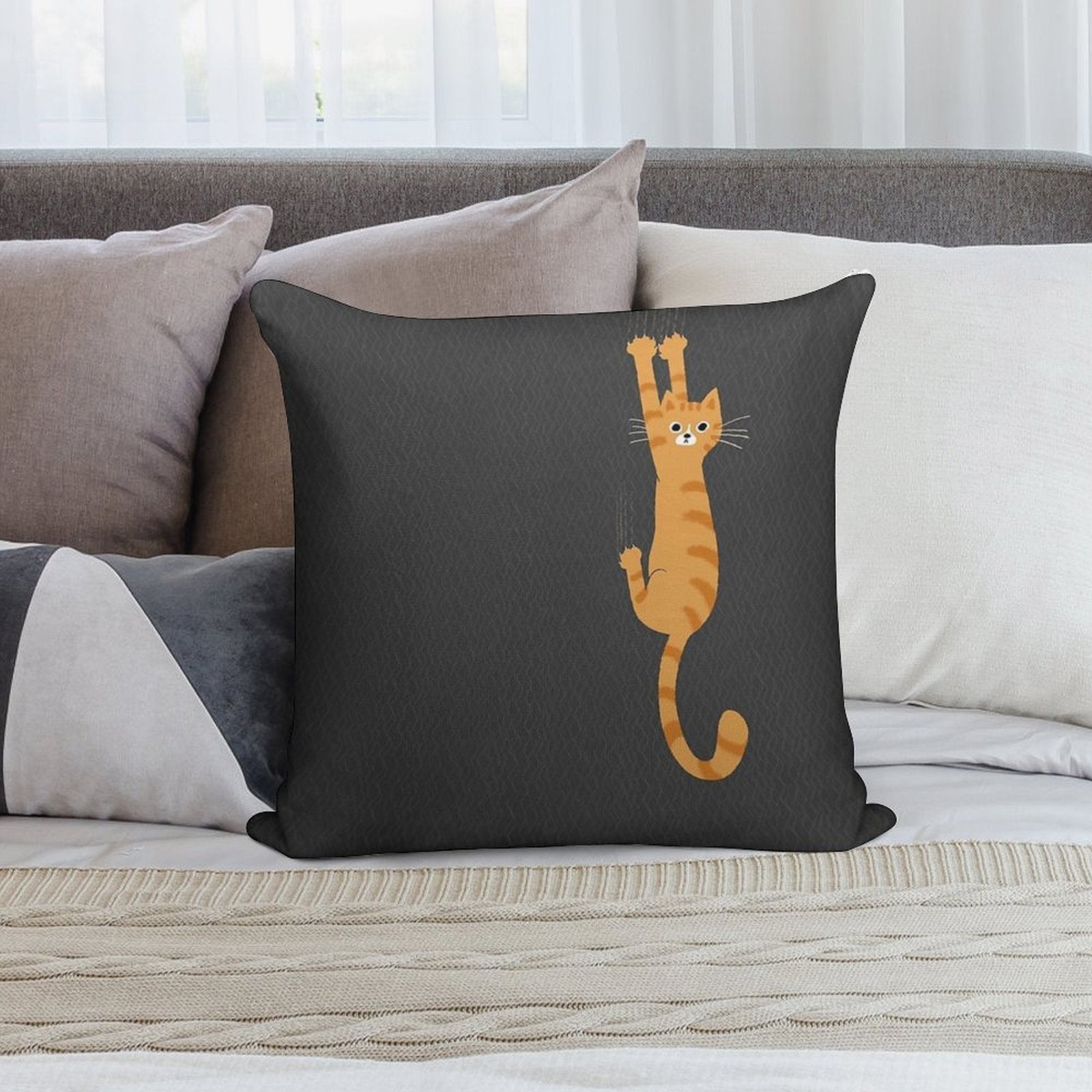 Orange Tabby Cat Hanging On  Funny Striped Cat Soft Home Decor Throw Pillow