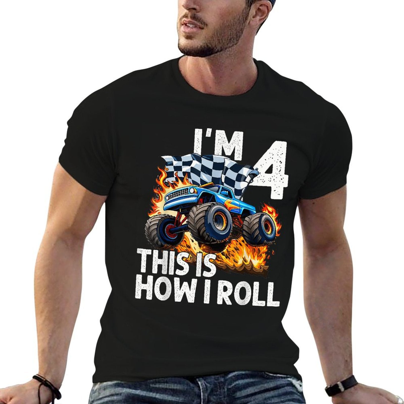 4th Birthday Boys I'm 4 This Is How I Roll Monster Truck Car  Heathered Texture T-Shirt