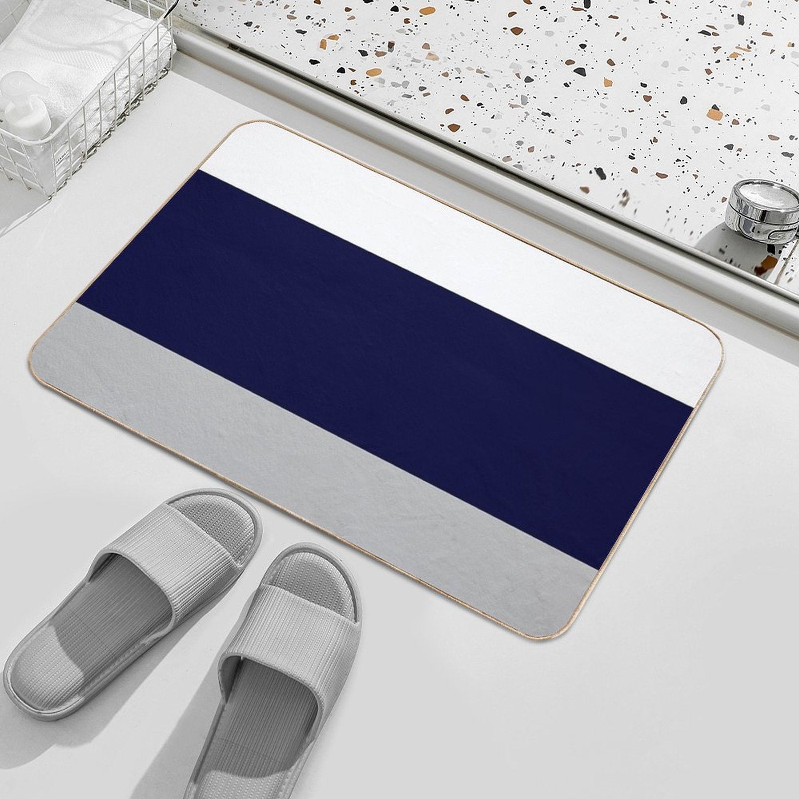 Three Color Stripes Silver Gray Navy Blue And White  Non-Slip Bath Mat