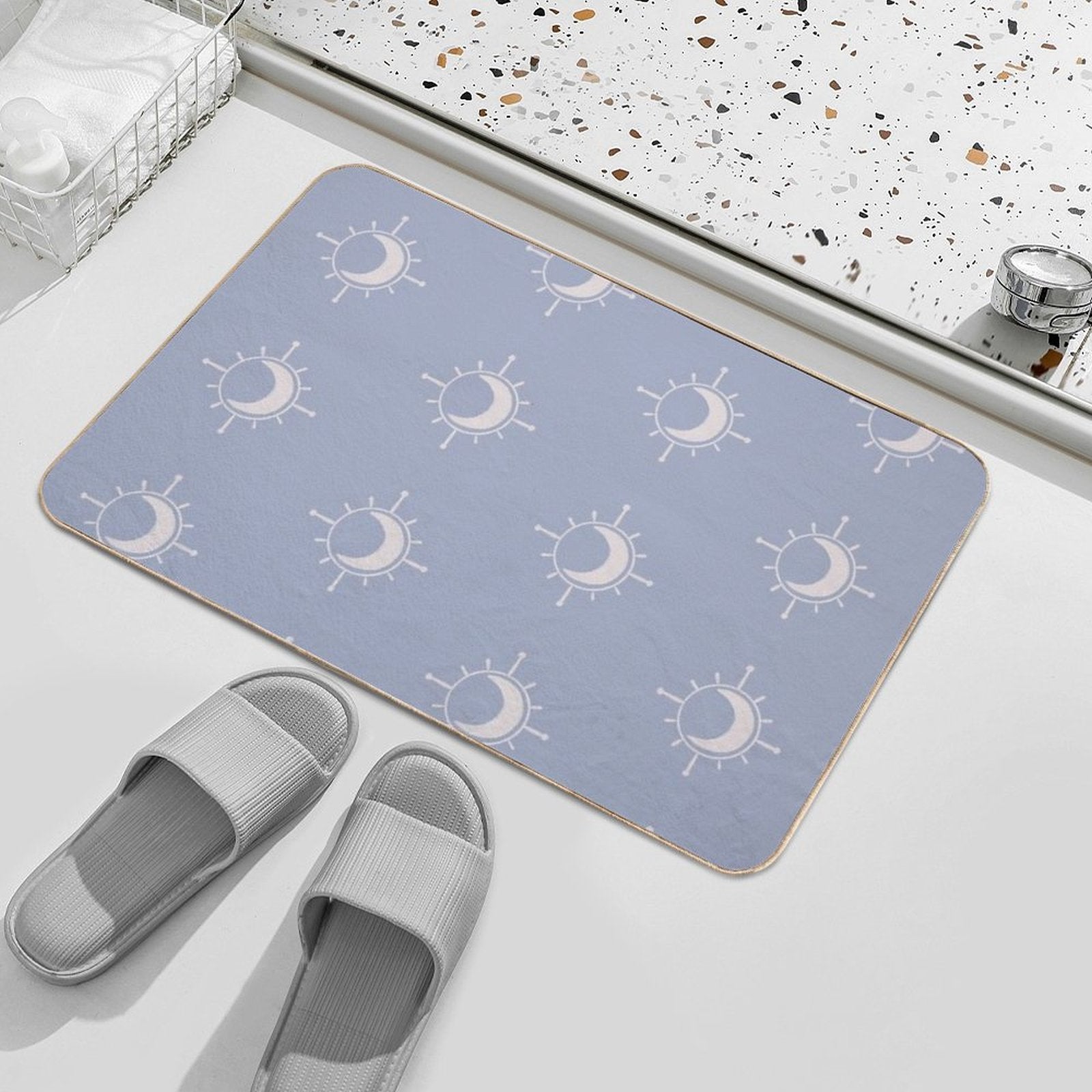 Cosmic Sun And Moon Design Soft Aesthetic In Muted Colors Pigeon Blue  Long-Lasting Bath Mat