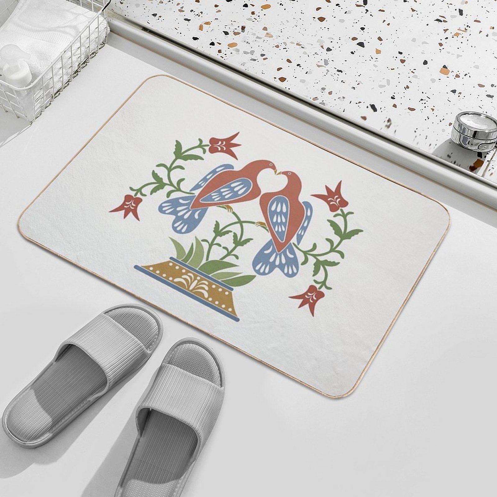 Folk Art Love Birds with Tulips  Slip-Resistant Bath Mat