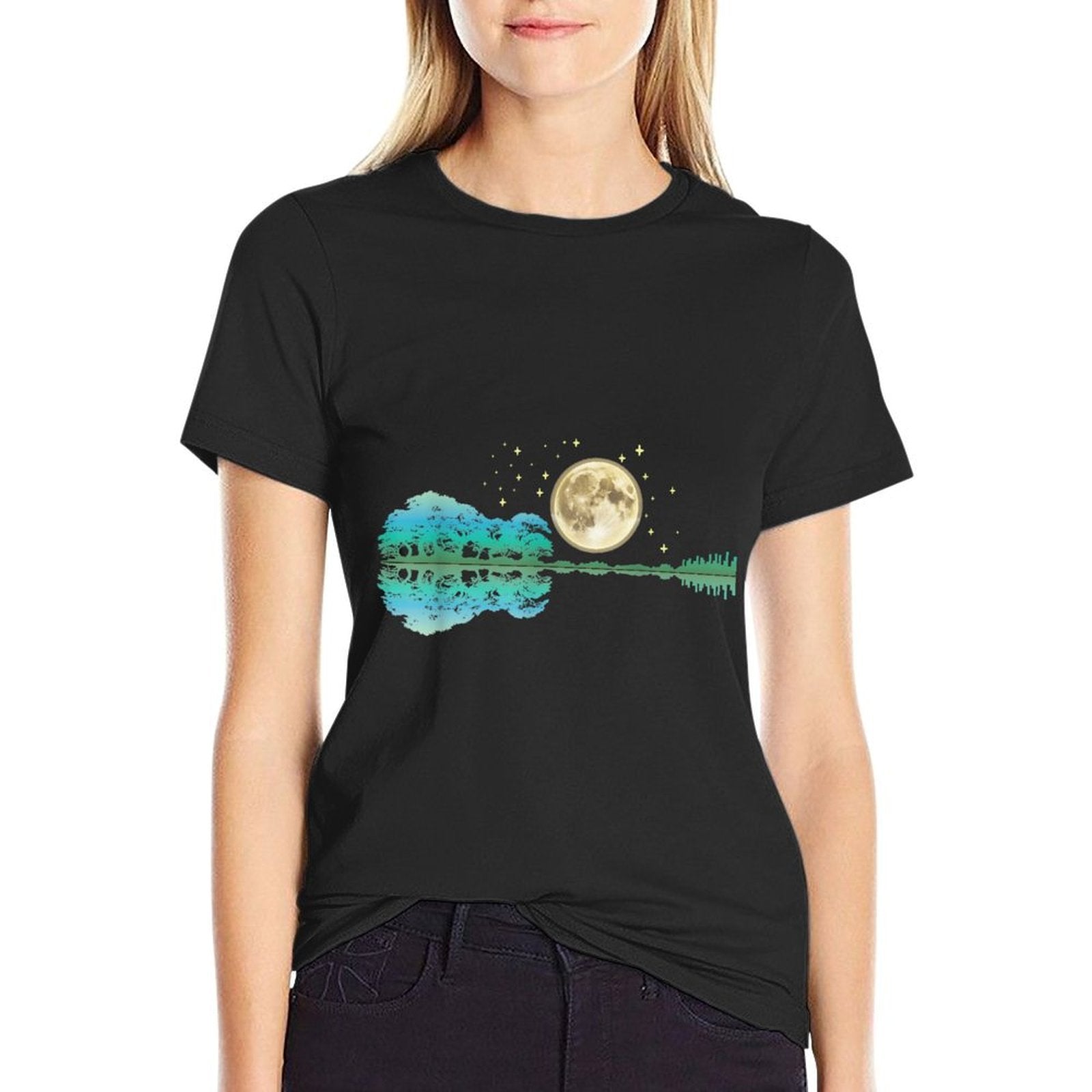 Acoustic Guitar Tree And Moon By The Lake Guitarist  Wrinkle-resistant T-Shirt