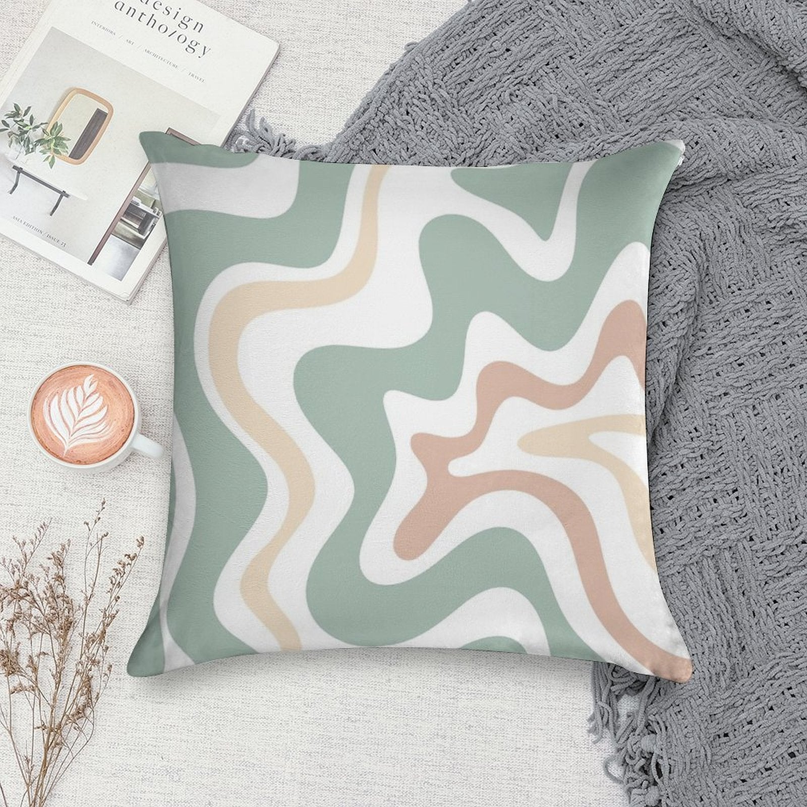 Liquid Swirl Retro Abstract in Light Sage Celadon Green, Light Blush, Cream, And White Soft Shrink-Resistant Throw Pillow